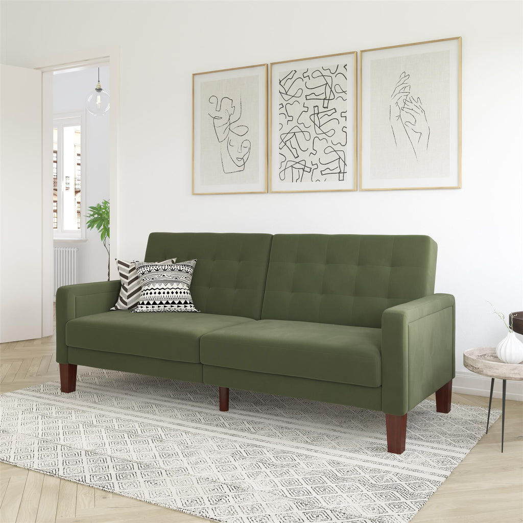 Better Homes &amp; Gardens Porter Velvet Tufted Futon, Olive – Dorel Home