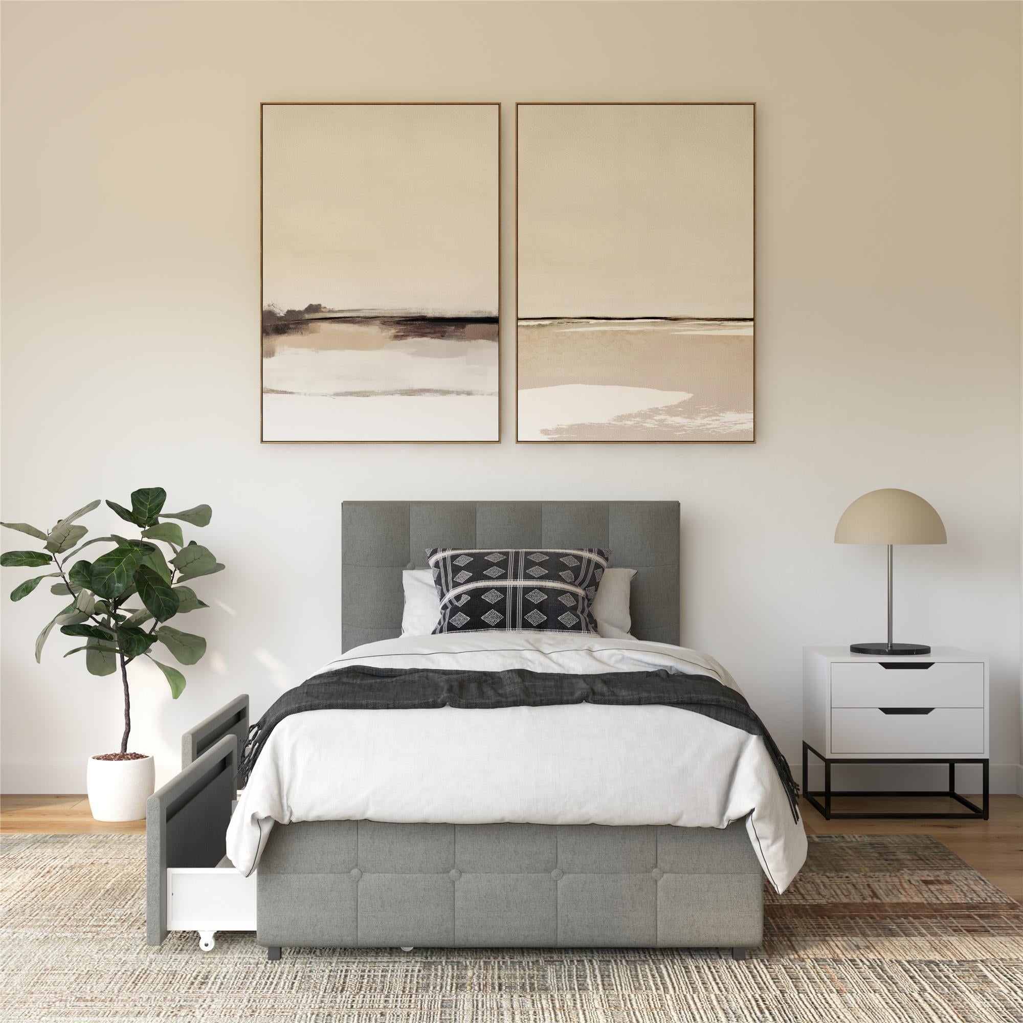 DHP Rose Upholstered Bed Frame with Storage - Grey Linen - Twin