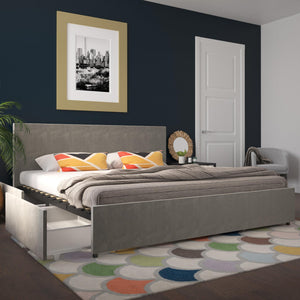 Novogratz Kelly Upholstered Bed with Storage Drawers, Light Gray Velvet, King - Light Gray - King