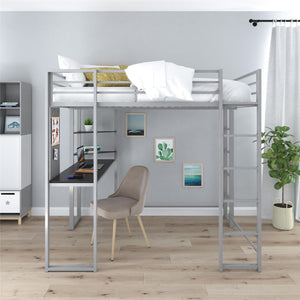 DHP Abode Metal Loft Bed with Desk and Shelves - Silver - Full