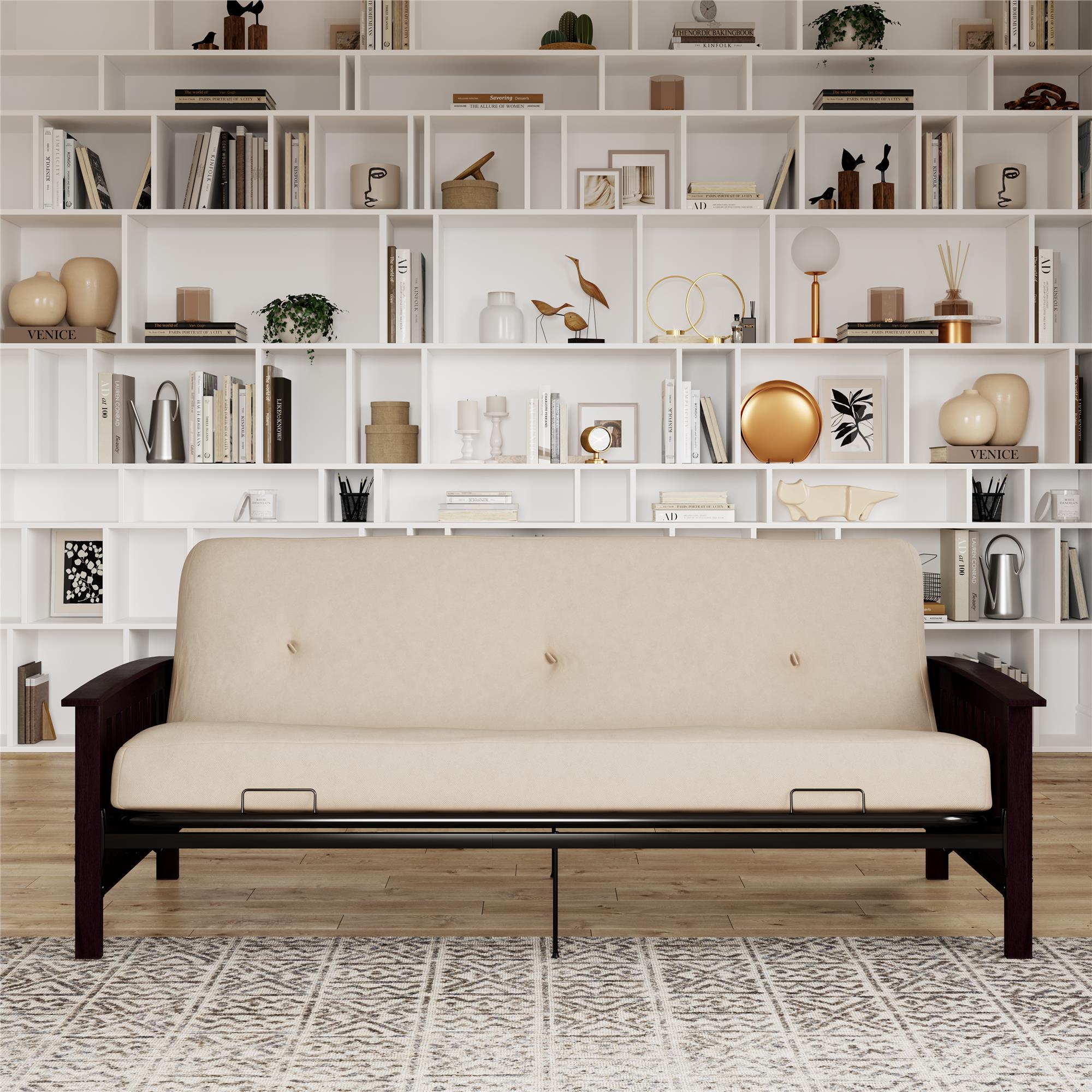 DHP Darrien Futon Set with Wood Arm Frame and 6" Polyester Mattress - Tan