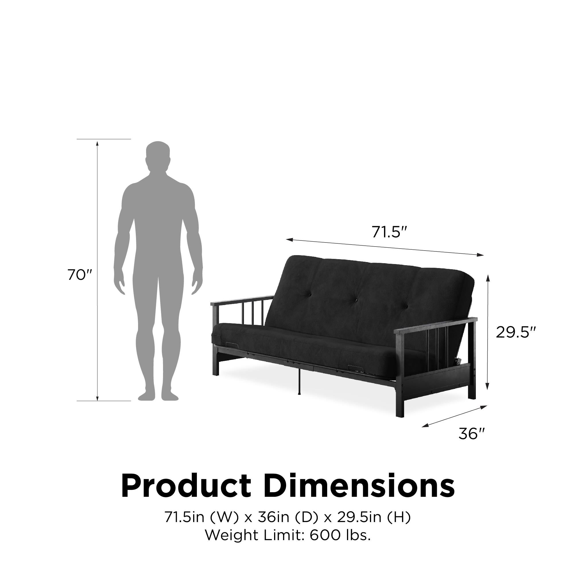 DHP Harlow Futon Set with Metal Futon Frame and 6" Polyester Mattress - Black