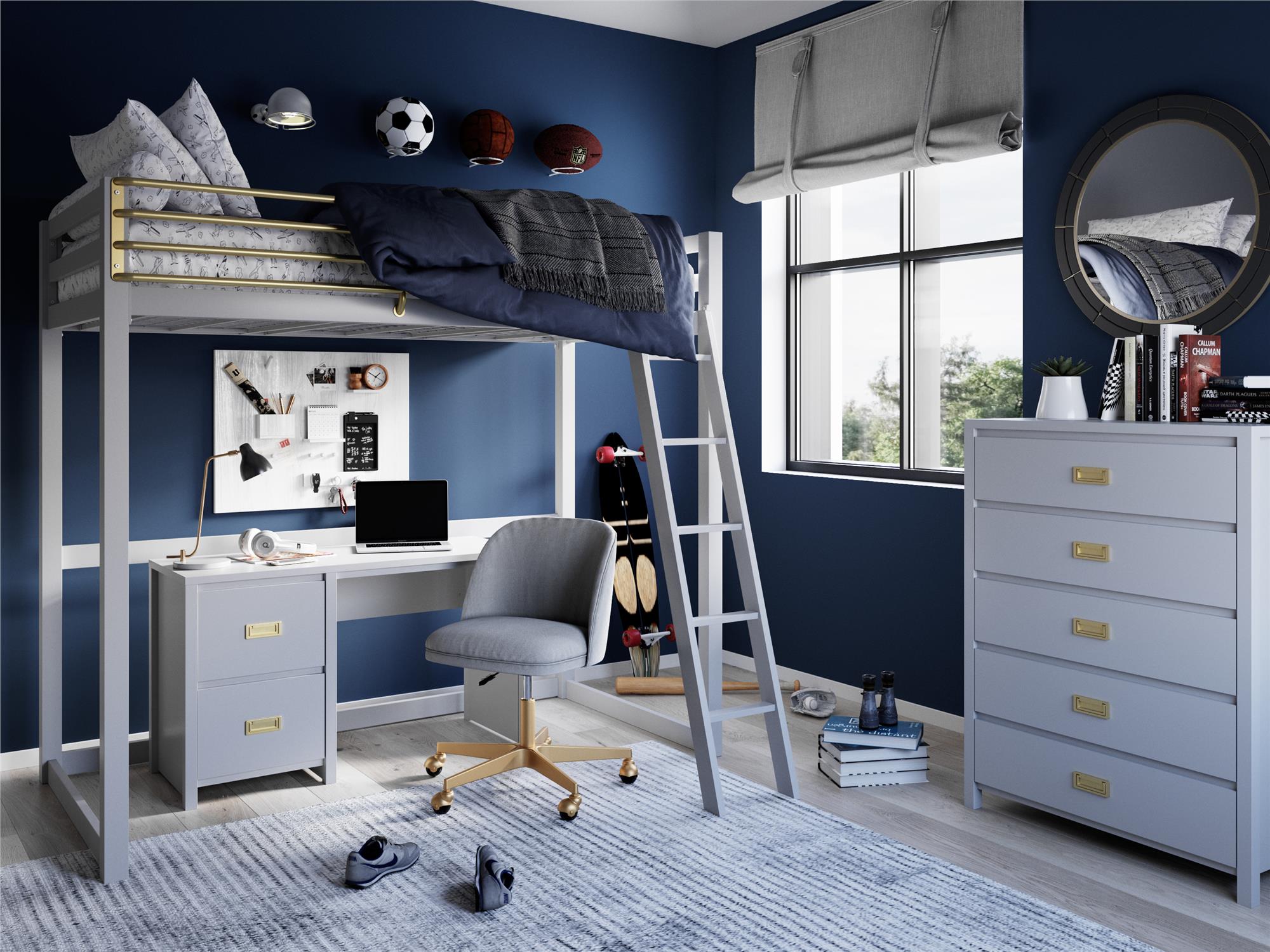 Max & Finn Haven Twin Metal Loft Bed, Dove Gray & Gold - Dove Gray - Twin