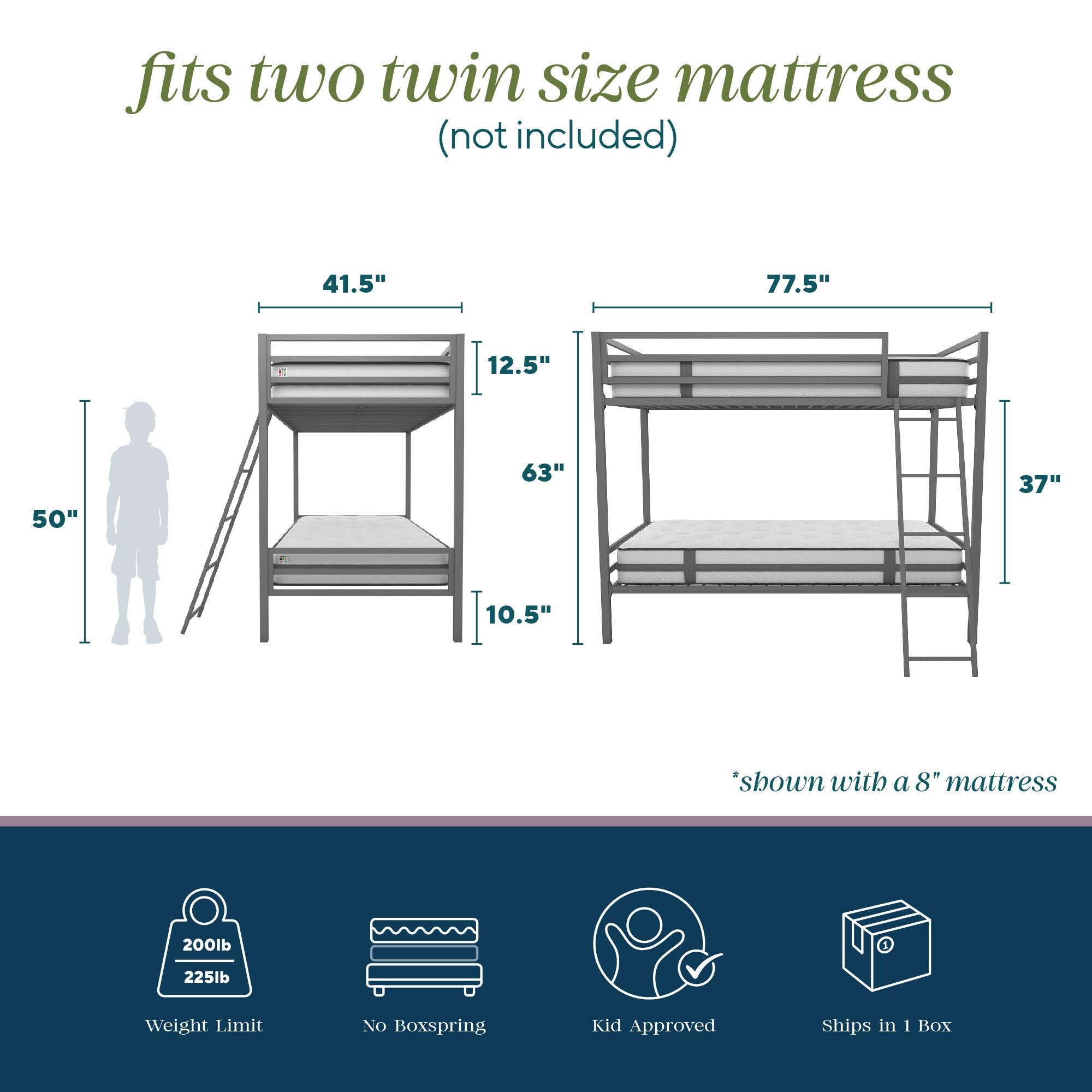 Novogratz Maxwell Metal Bunk Bed - Gray - Twin-Over-Twin