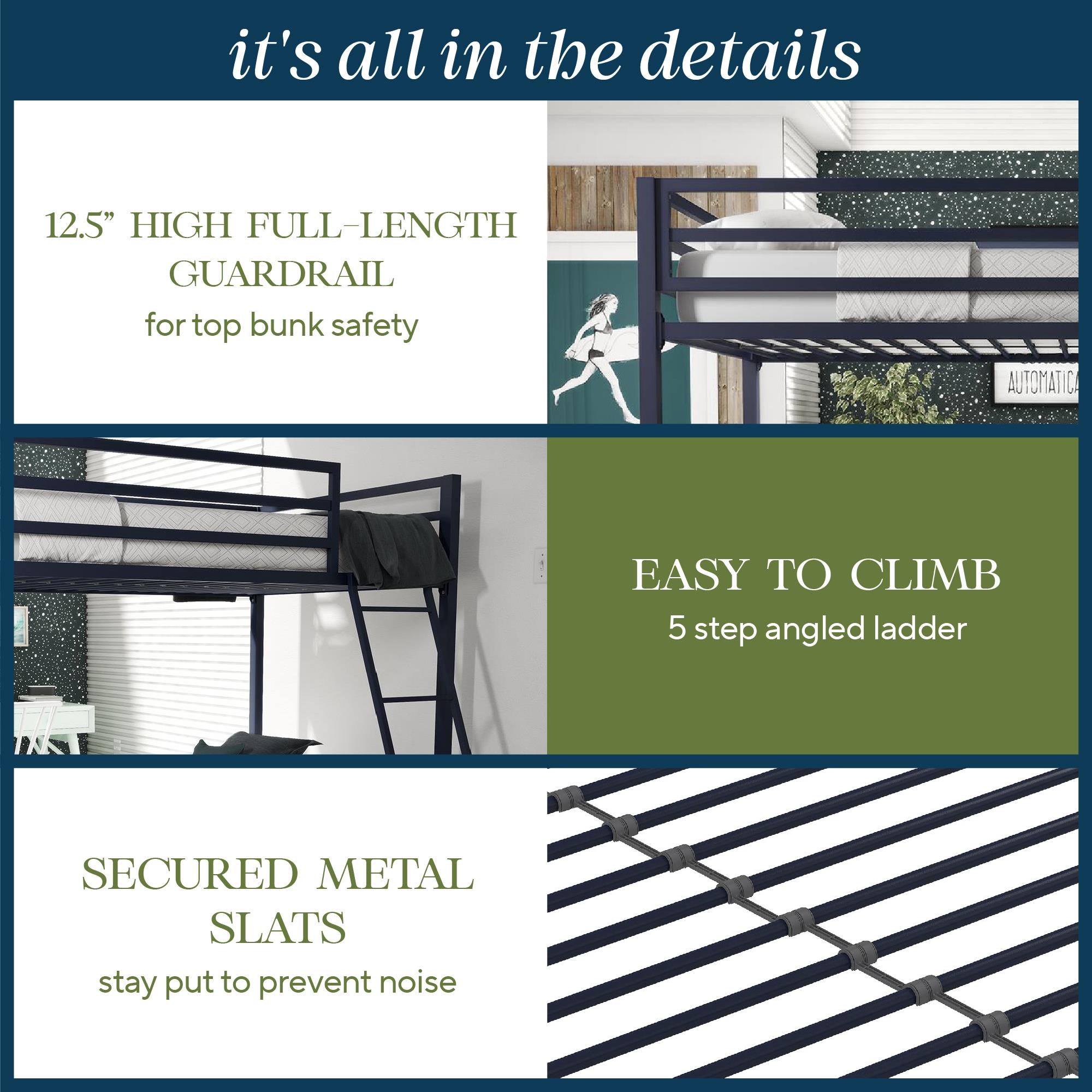 Novogratz Maxwell Metal Bunk Bed - Navy - Twin-Over-Twin
