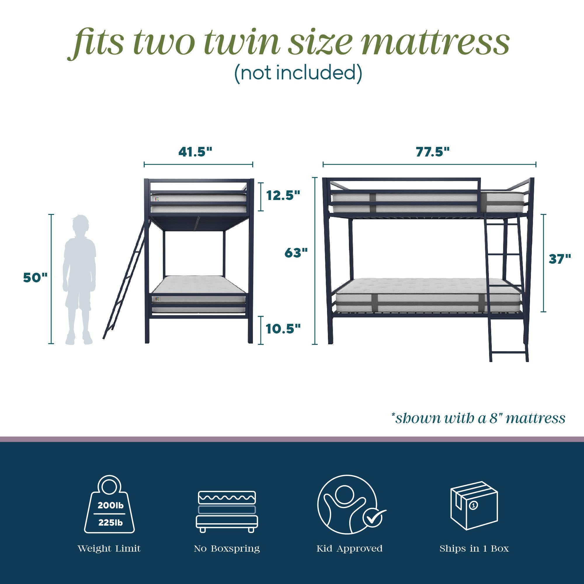 Novogratz Maxwell Metal Bunk Bed - Navy - Twin-Over-Twin