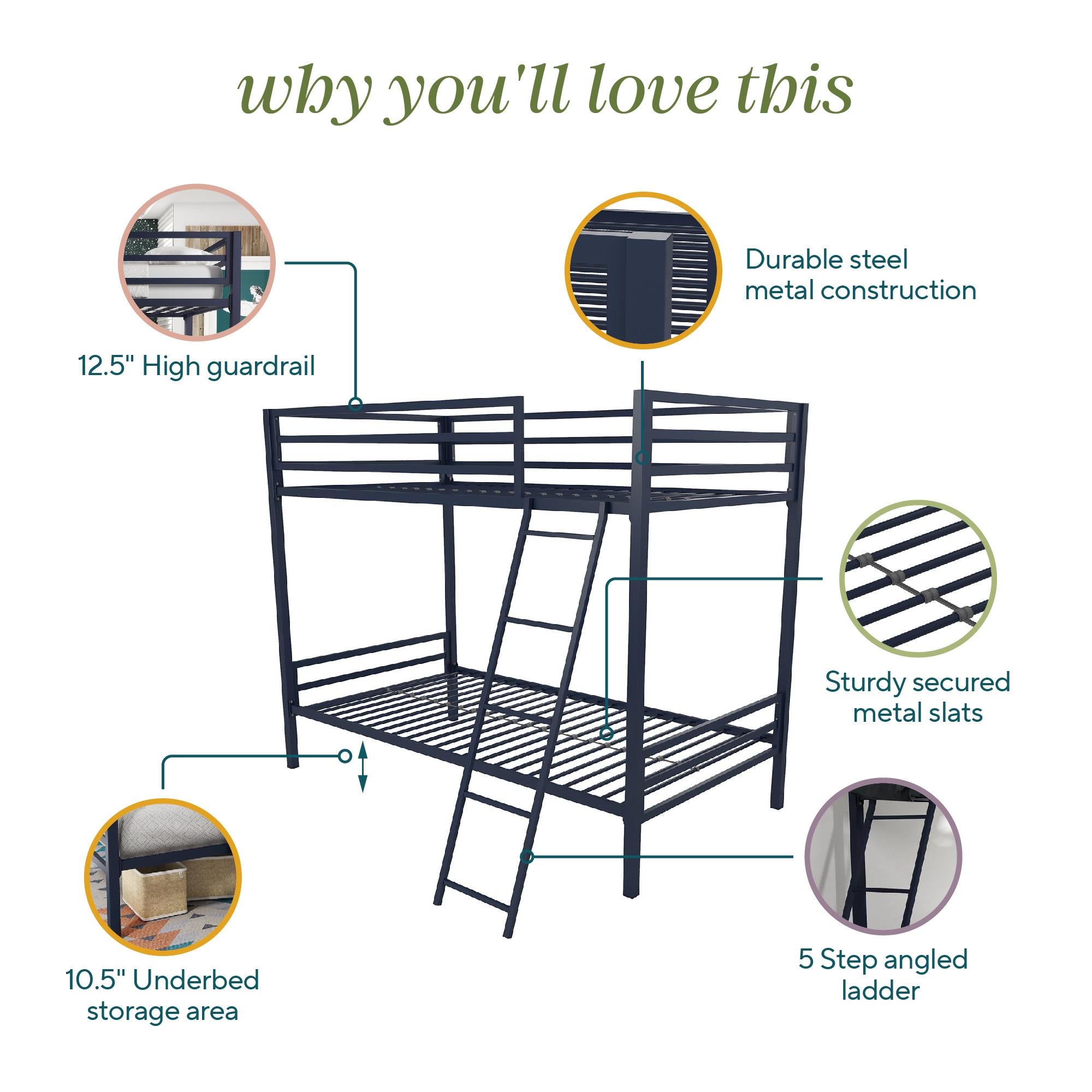 Novogratz Maxwell Metal Bunk Bed - Navy - Twin-Over-Twin