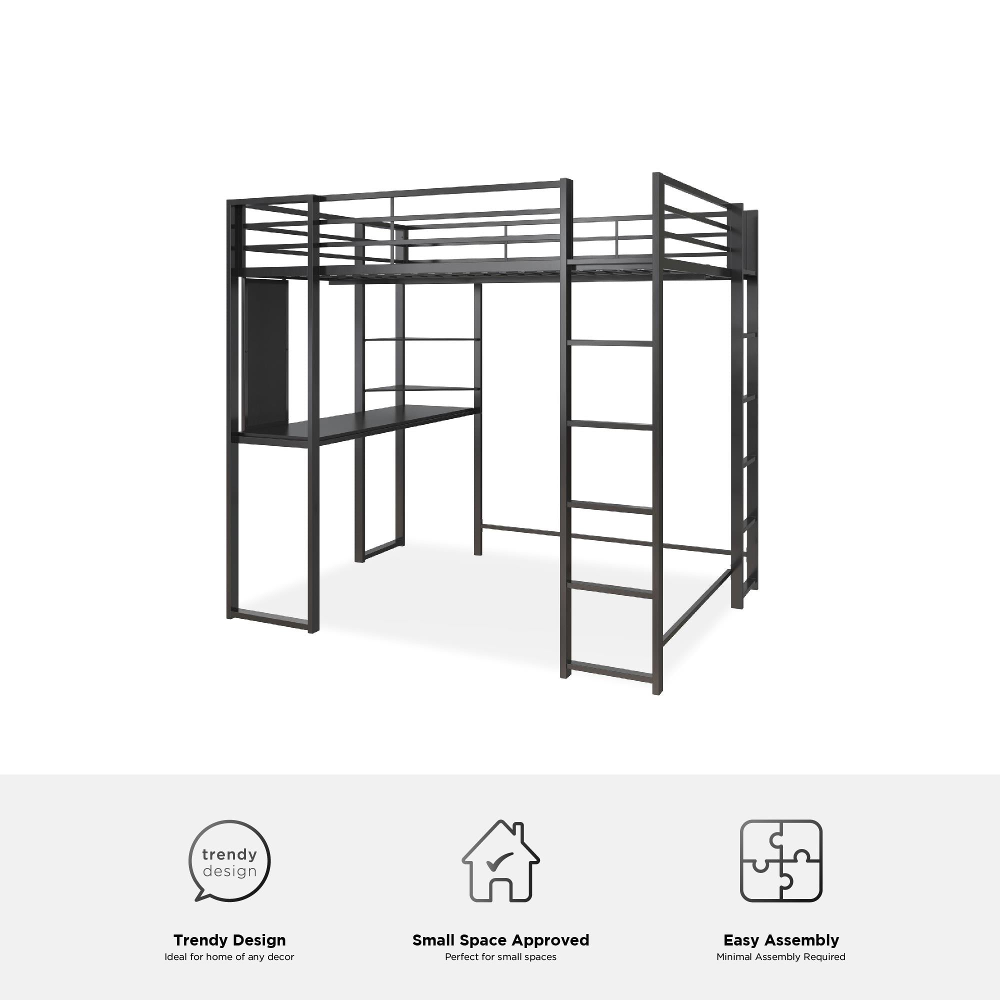 DHP Abode Full Size Metal Loft Bed with Desk and Shelves - Black - Full