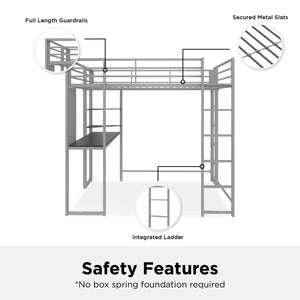 DHP Abode Metal Loft Bed with Desk and Shelves - Silver - Full