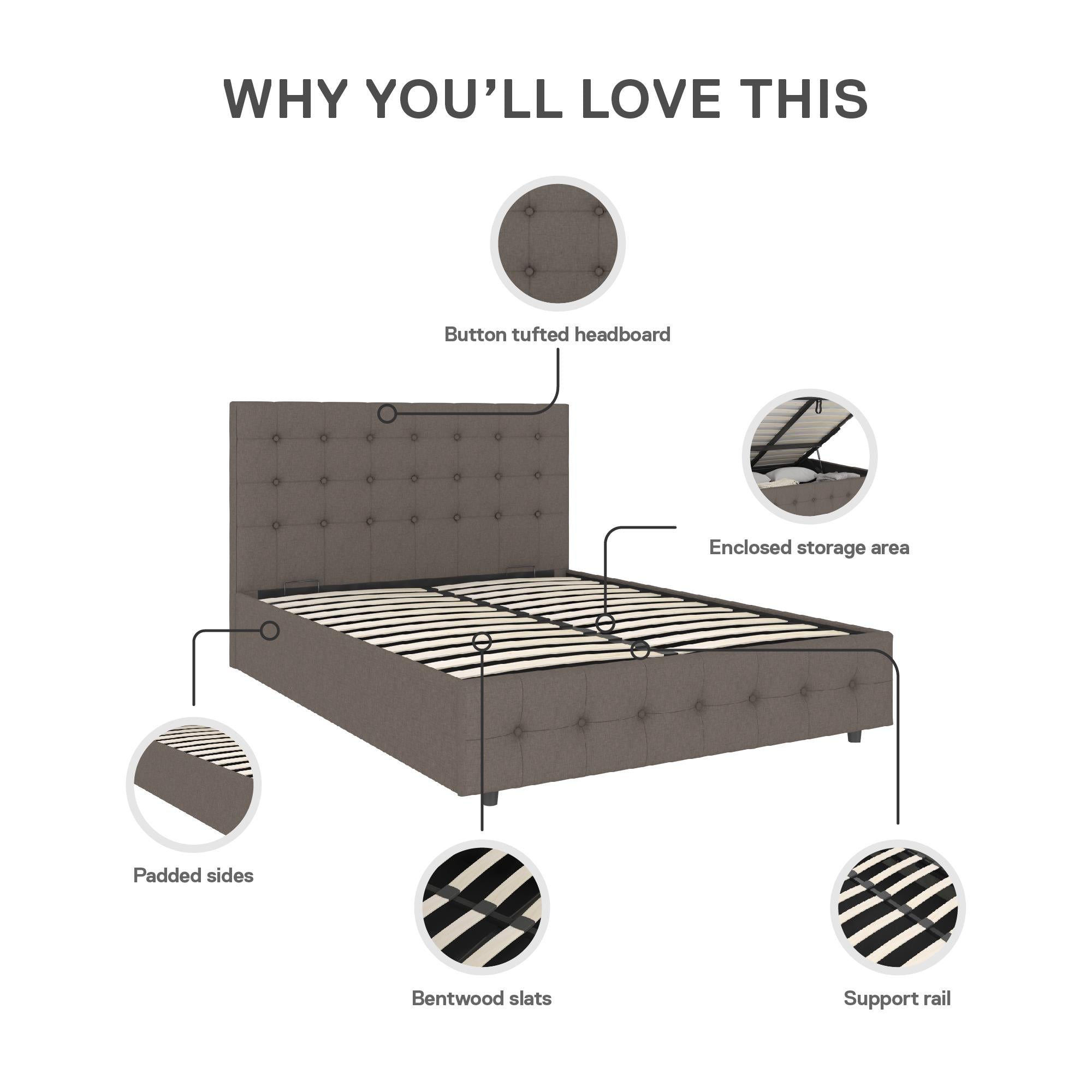 DHP Cambridge Upholstered Bed with Storage - Grey Linen - Full