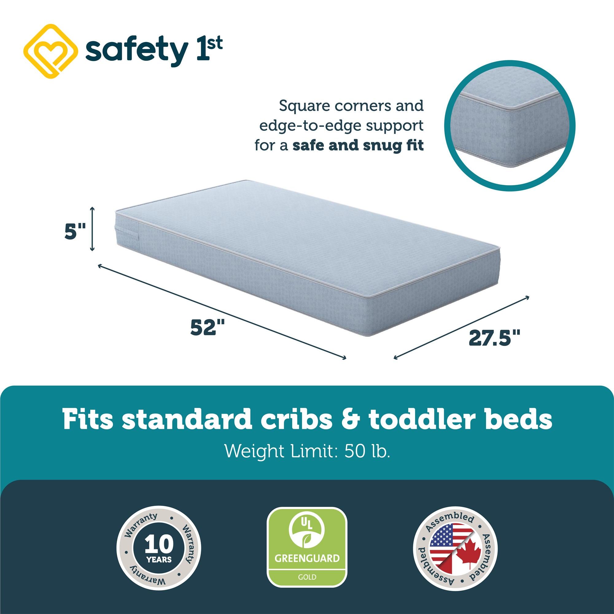 Safety 1st Heavenly Dreams Baby Crib and Toddler Bed Mattress, Blue - Light Blue - Crib & Toddler Mattress