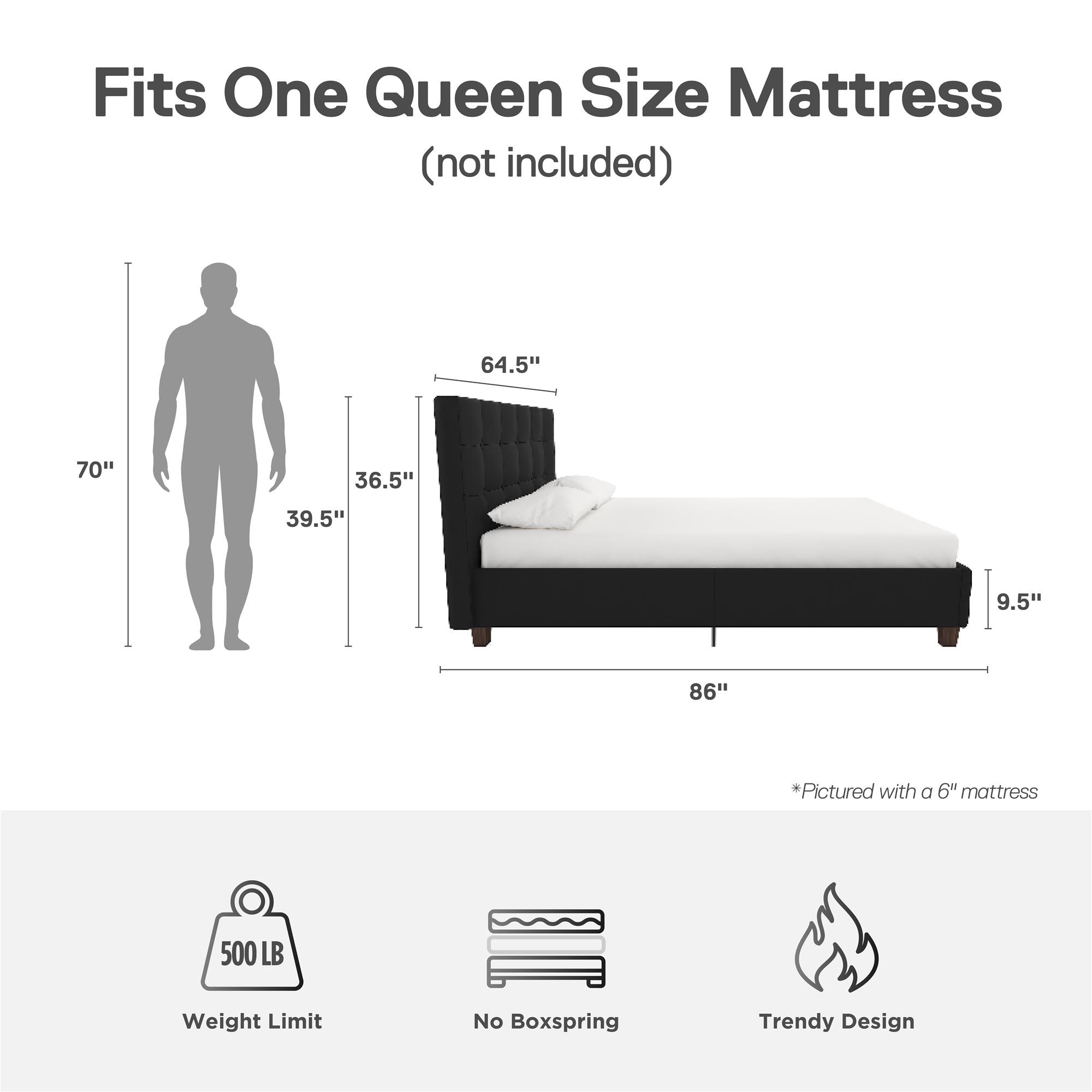DHP Rose Upholstered Bed Frame - Black - Queen
