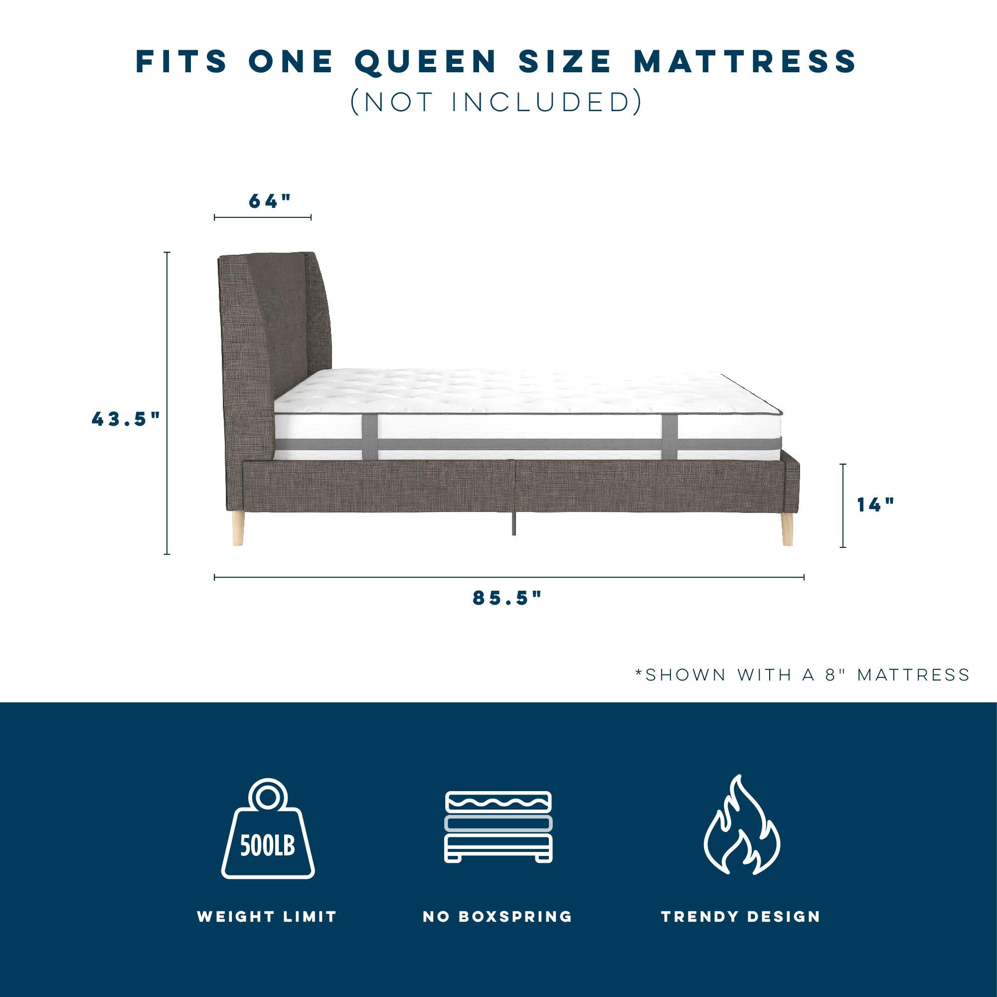 Novogratz Her Majesty Upholstered Bed - Grey Linen - Queen