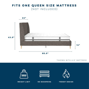 Novogratz Her Majesty Upholstered Bed - Grey Linen - Queen