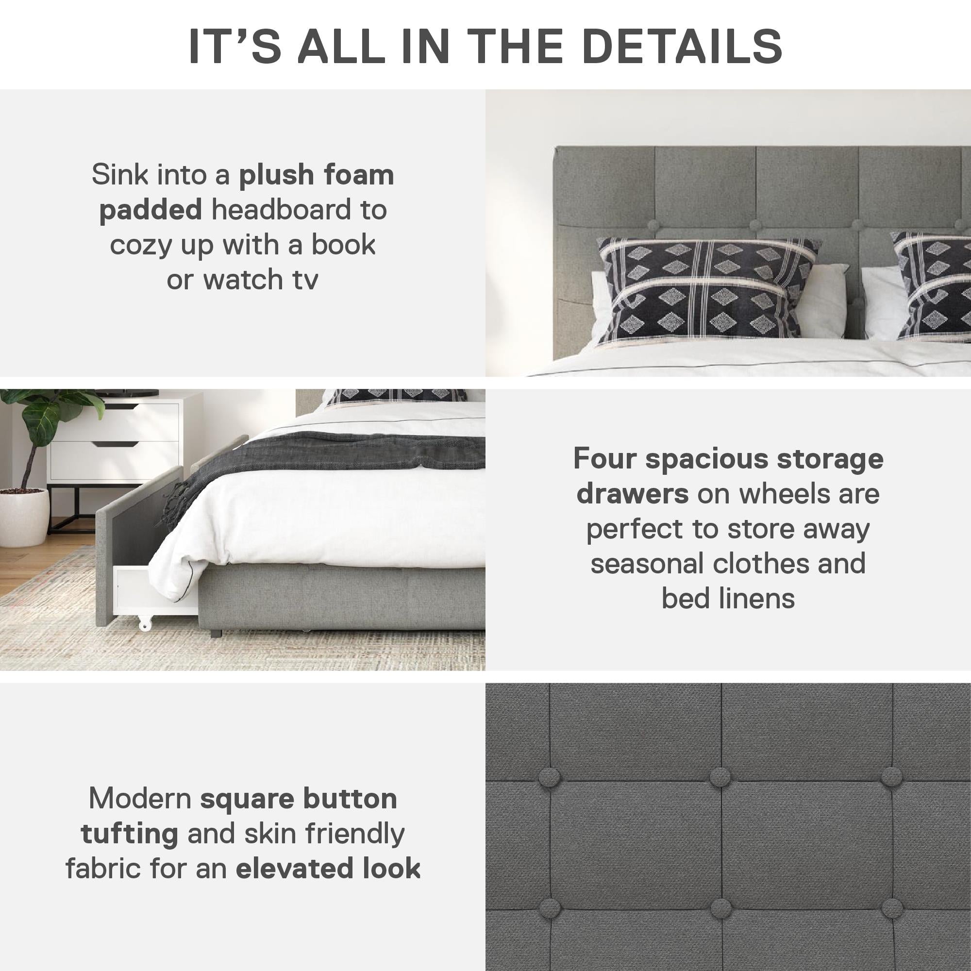 DHP Rose Upholstered Bed Frame with Storage - Grey Linen - Full