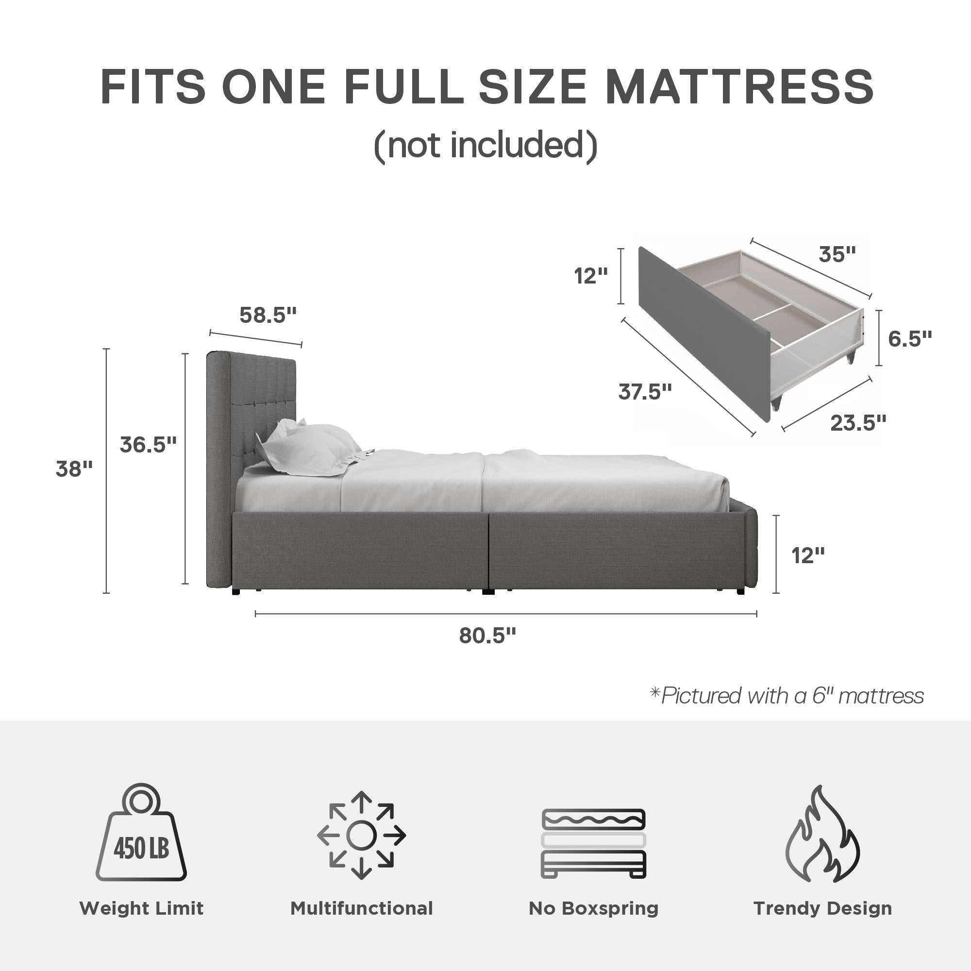 DHP Rose Upholstered Bed Frame with Storage - Grey Linen - Full