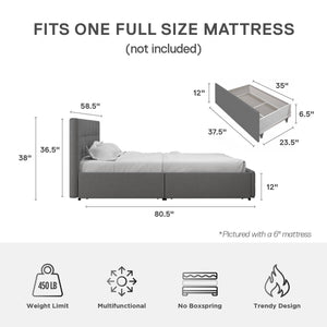DHP Rose Upholstered Bed Frame with Storage - Grey Linen - Full