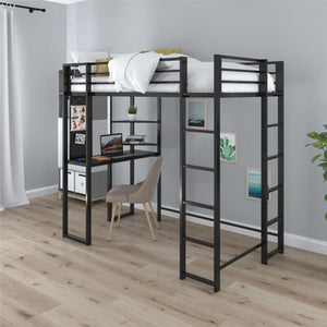 DHP Abode Metal Loft Bed with Desk and Shelves - Black - Twin