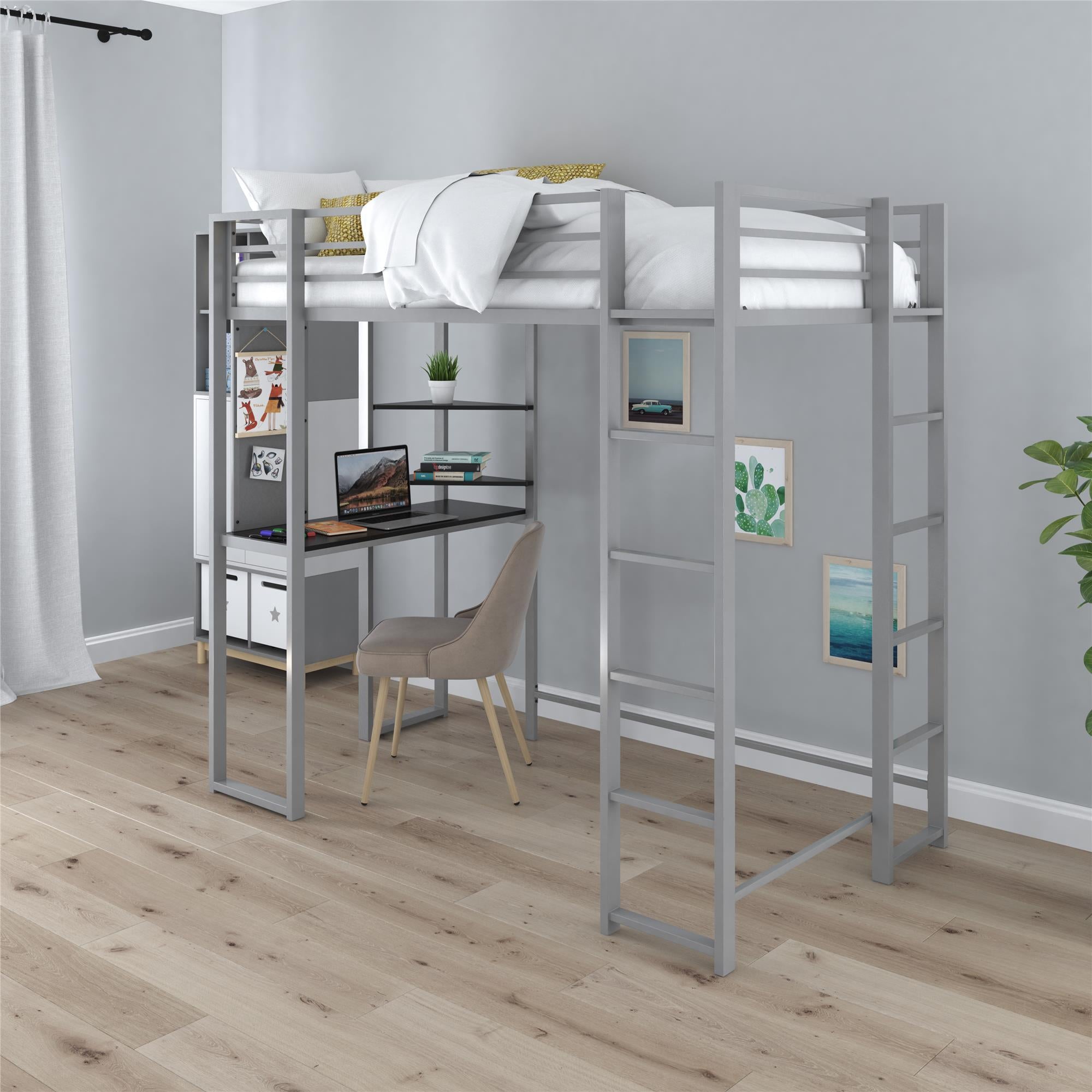 DHP Abode Metal Loft Bed with Desk and Shelves - Silver - Twin