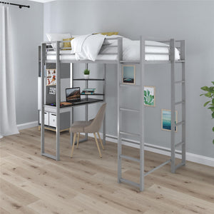 DHP Abode Metal Loft Bed with Desk and Shelves - Silver - Twin