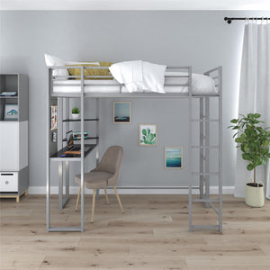 DHP Abode Metal Loft Bed with Desk and Shelves - Silver - Twin