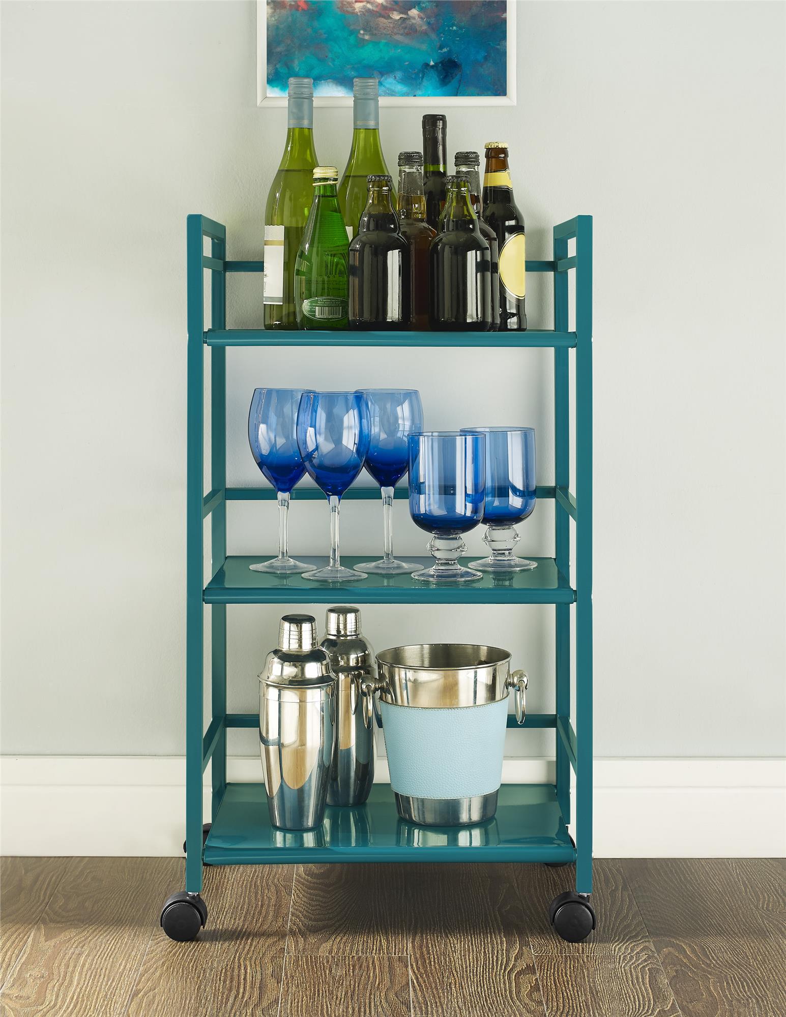 Ameriwood Home Marshall 3 Shelf Metal Rolling Utility Cart - Teal