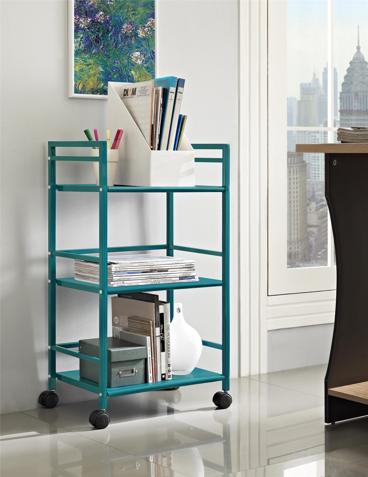 Ameriwood Home Marshall 3 Shelf Metal Rolling Utility Cart - Teal
