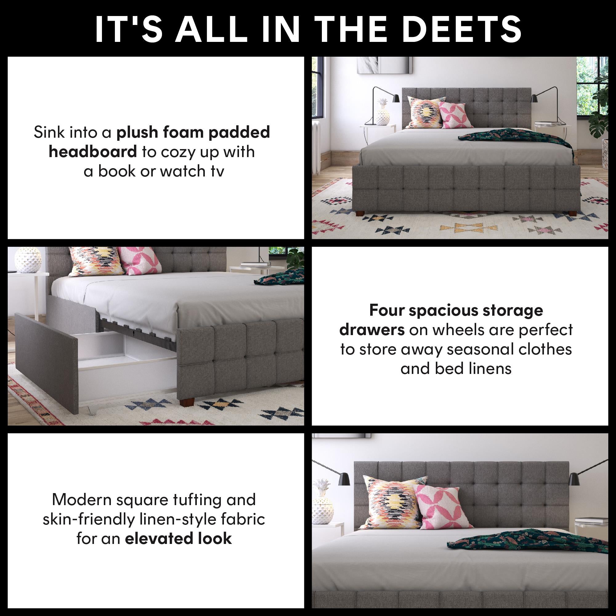 CosmoLiving Elizabeth Upholstered Bed with Storage - Grey Linen - Full