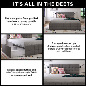 CosmoLiving Elizabeth Upholstered Bed with Storage - Grey Linen - Full
