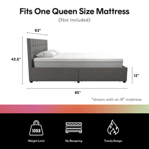 CosmoLiving Elizabeth Upholstered Bed with Storage - Grey Linen - Queen