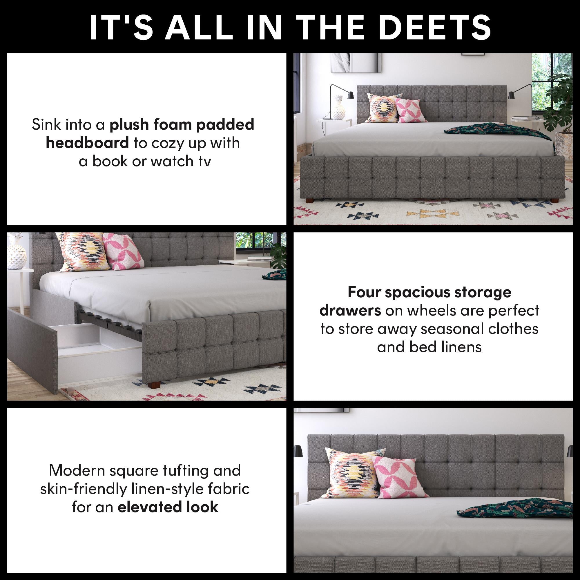 CosmoLiving Elizabeth Upholstered Bed with Storage - Grey Linen - King