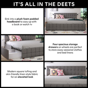 CosmoLiving Elizabeth Upholstered Bed with Storage - Grey Linen - King
