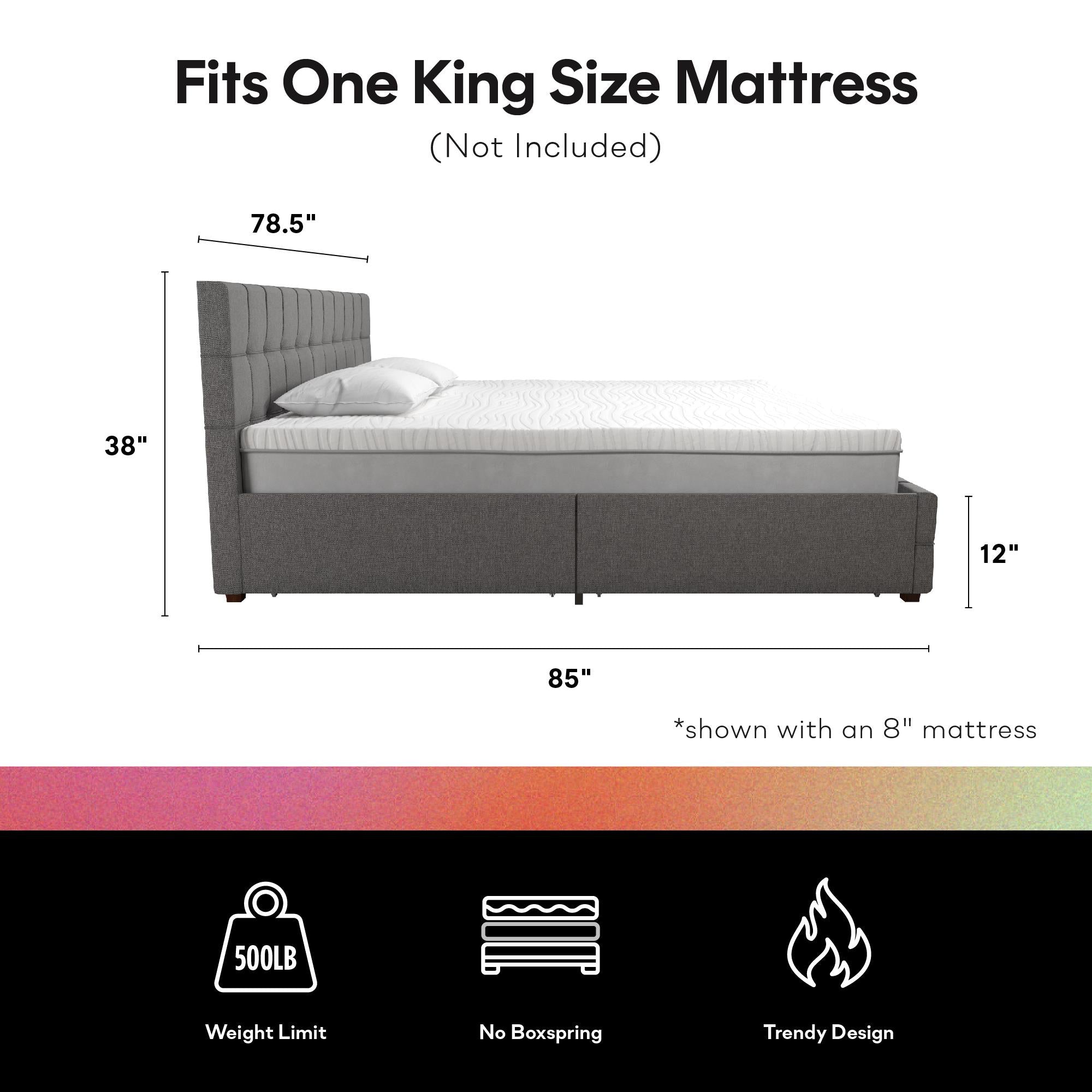 CosmoLiving Elizabeth Upholstered Bed with Storage - Grey Linen - King