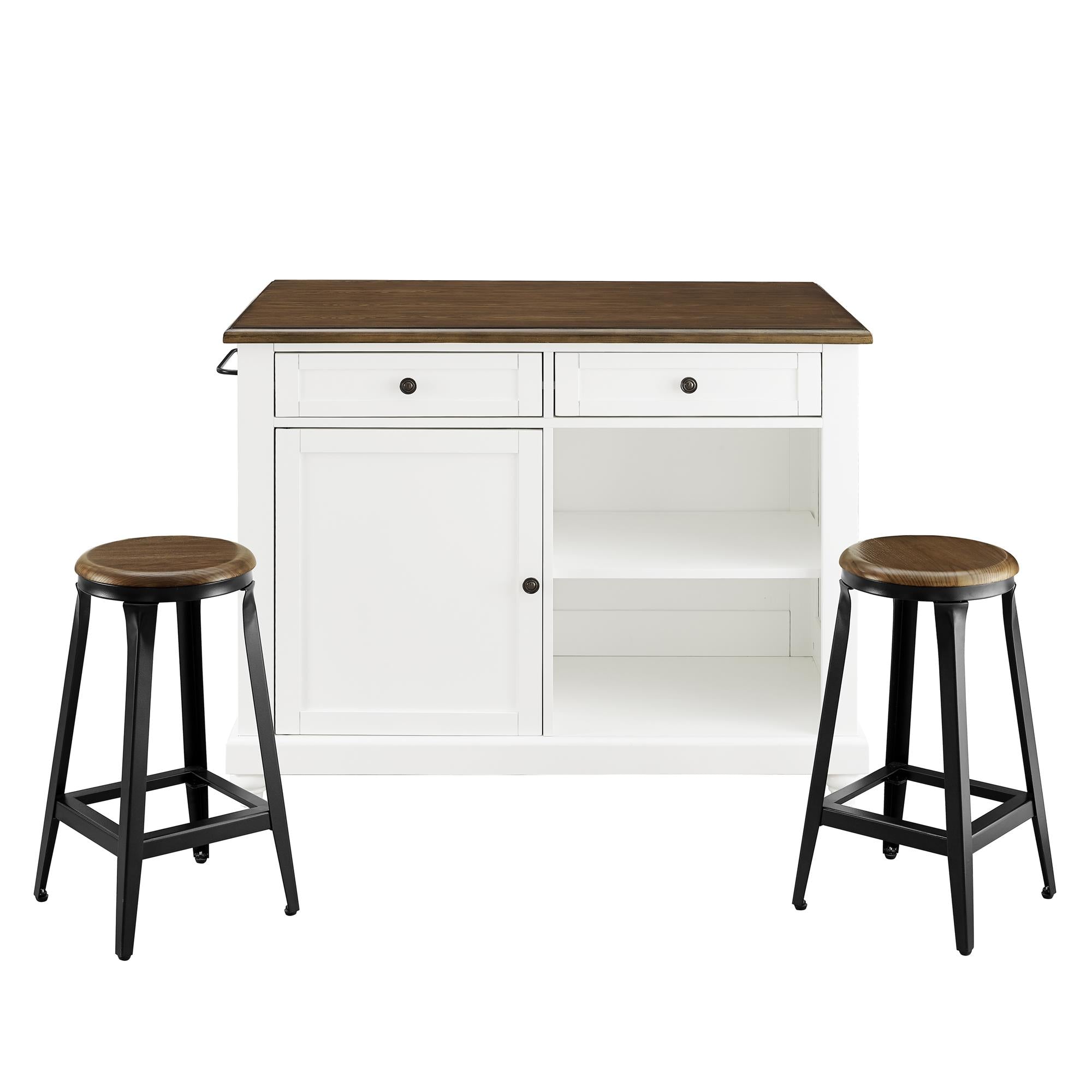 DHP Kelsey Kitchen Island with 2 Stools - White
