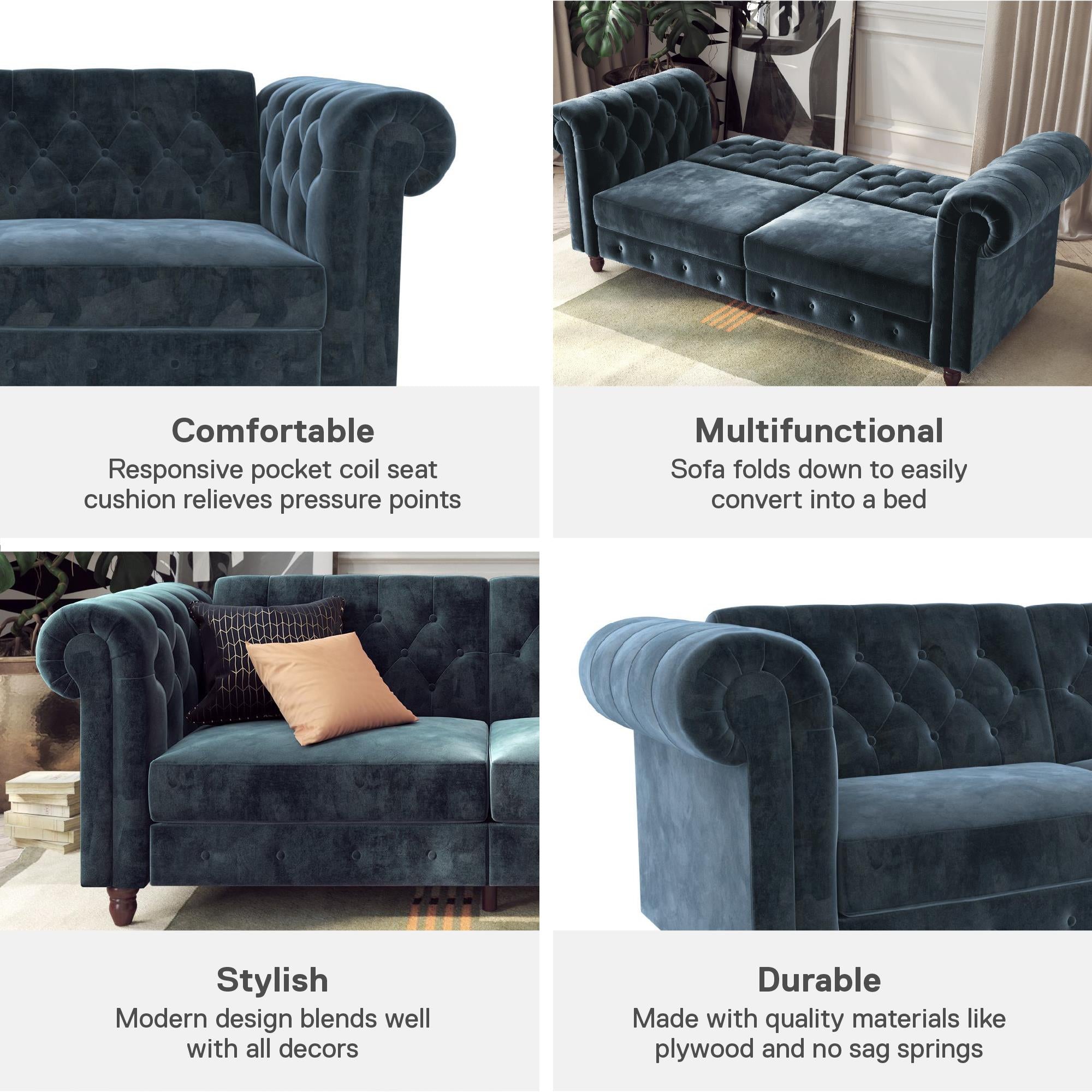 DHP Felix Chesterfield Futon Sofa Bed - Blue