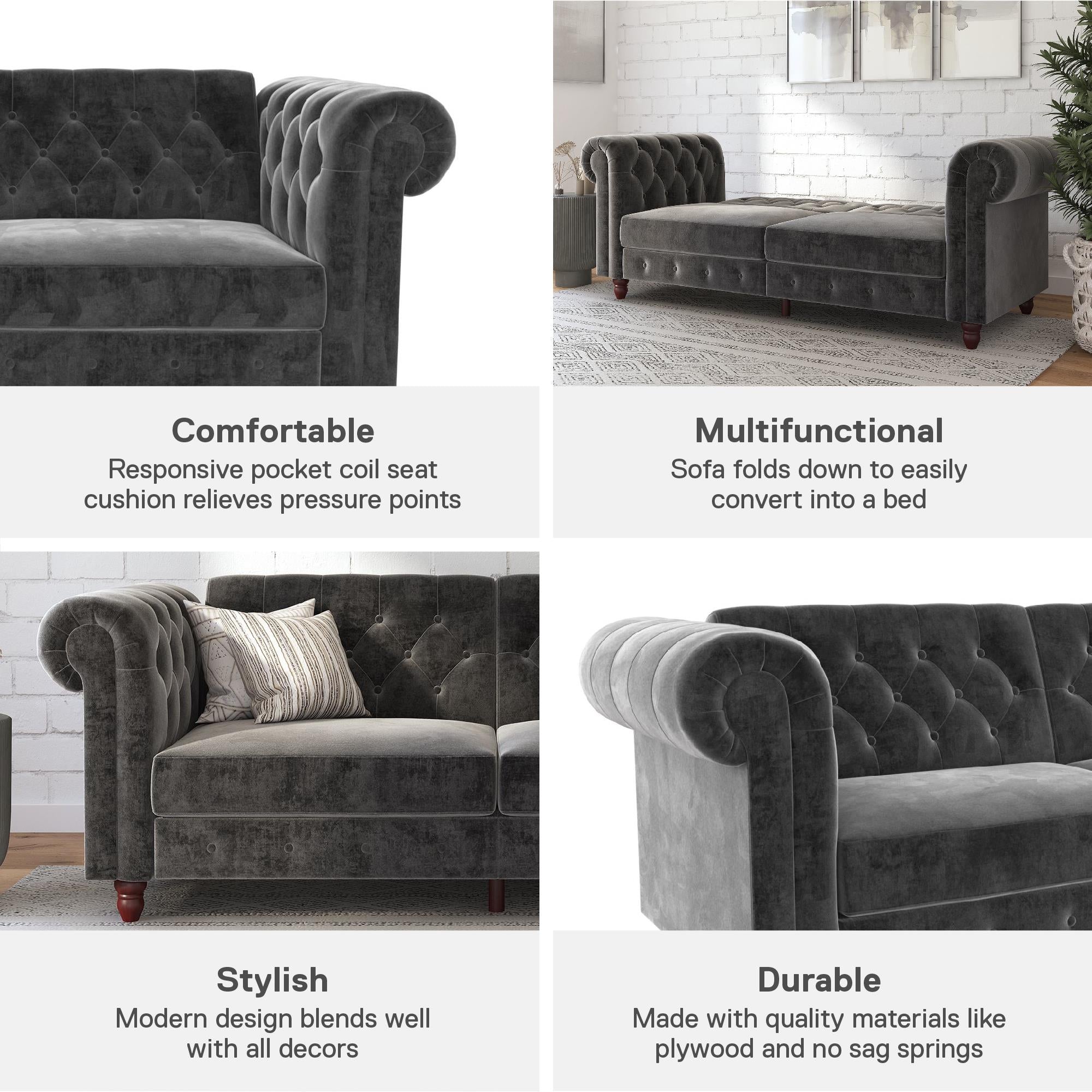 DHP Felix Chesterfield Futon Sofa Bed - Dark Gray