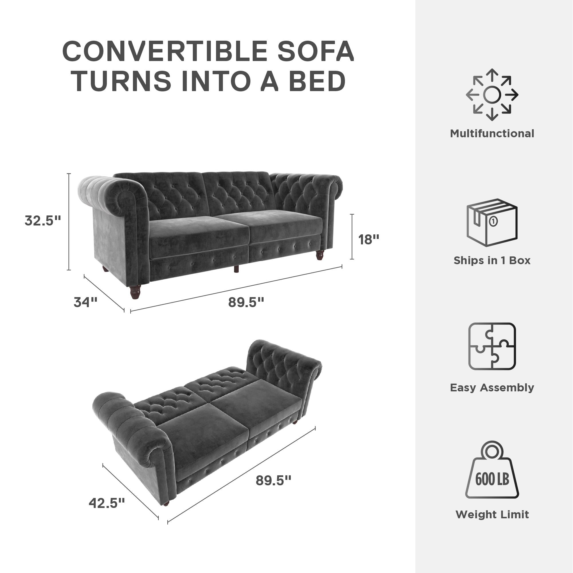 DHP Felix Chesterfield Futon Sofa Bed - Dark Gray