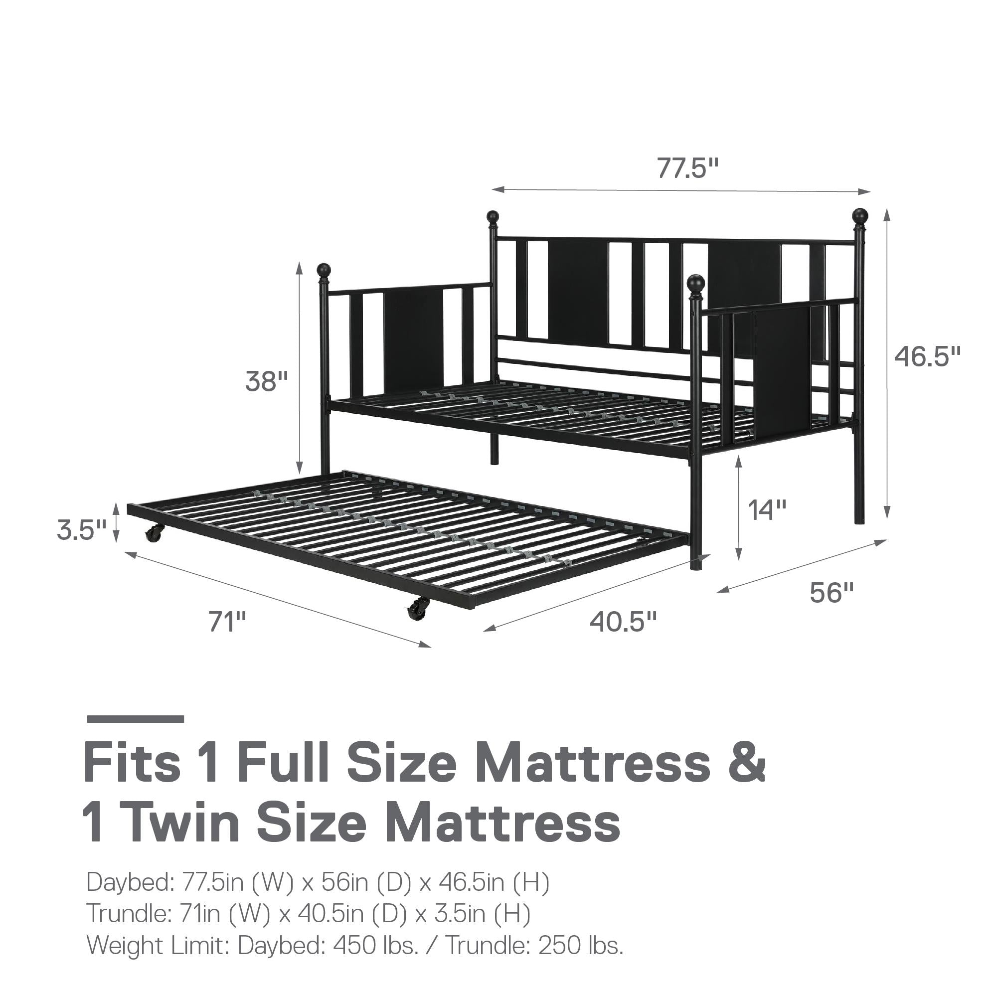 DHP Langham Metal Daybed with Trundle - Black - Full
