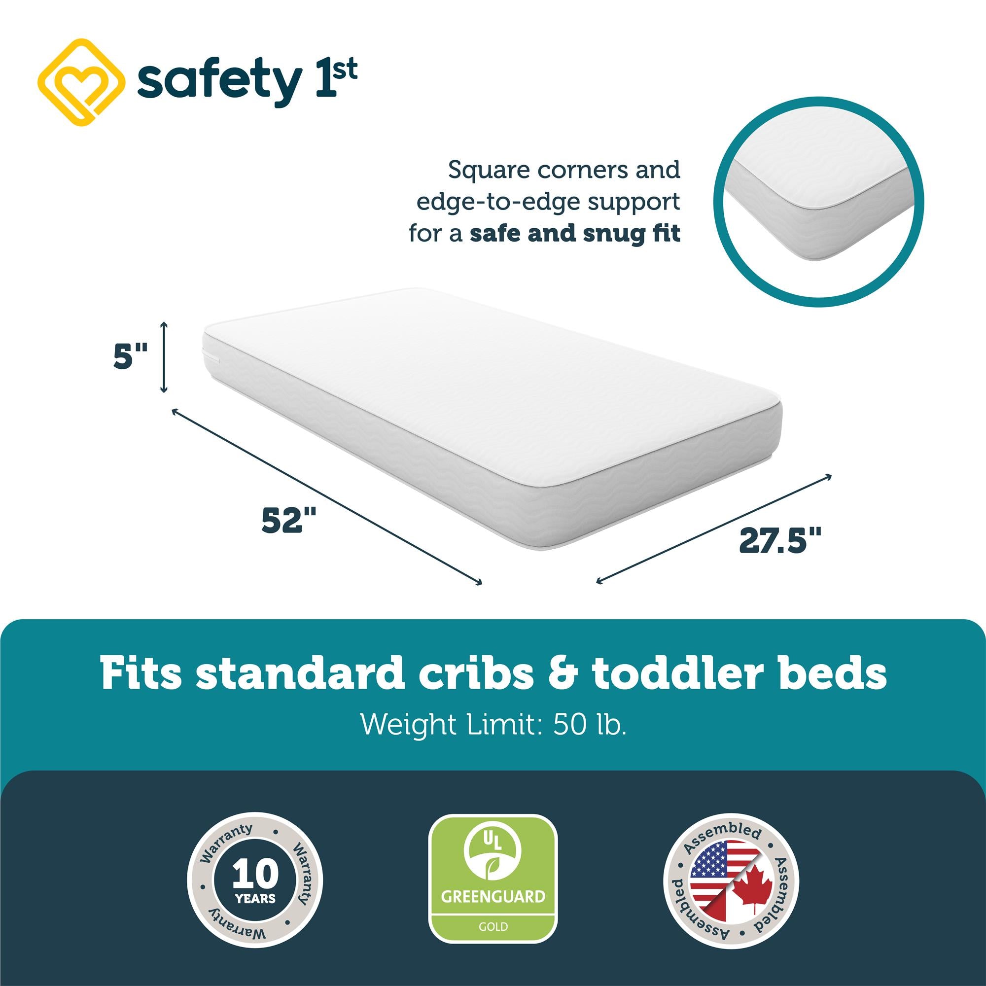 Safety 1st Cozy Snuggles Standard Firm Baby Crib & Toddler Bed Mattress - White - Crib & Toddler Mattress