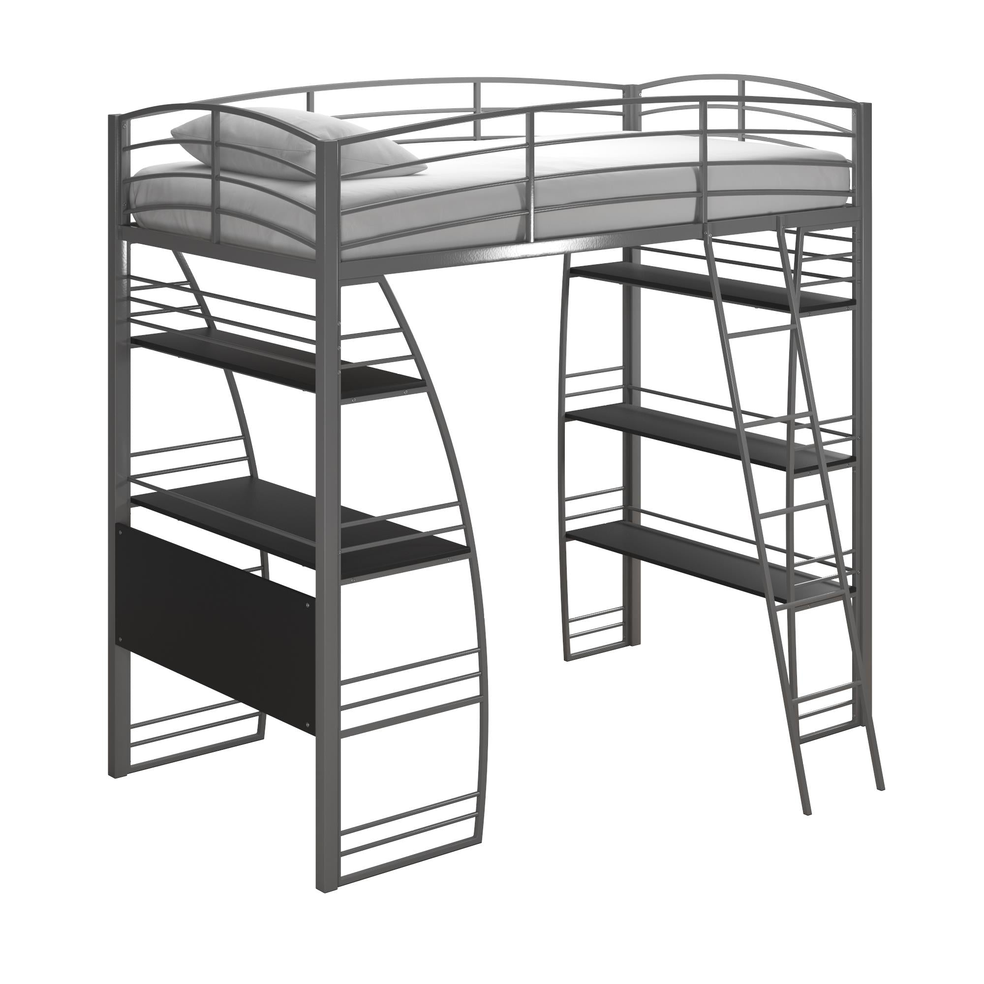 DHP Sage Studio Loft Bed with Desk and Shelves - Silver - Twin