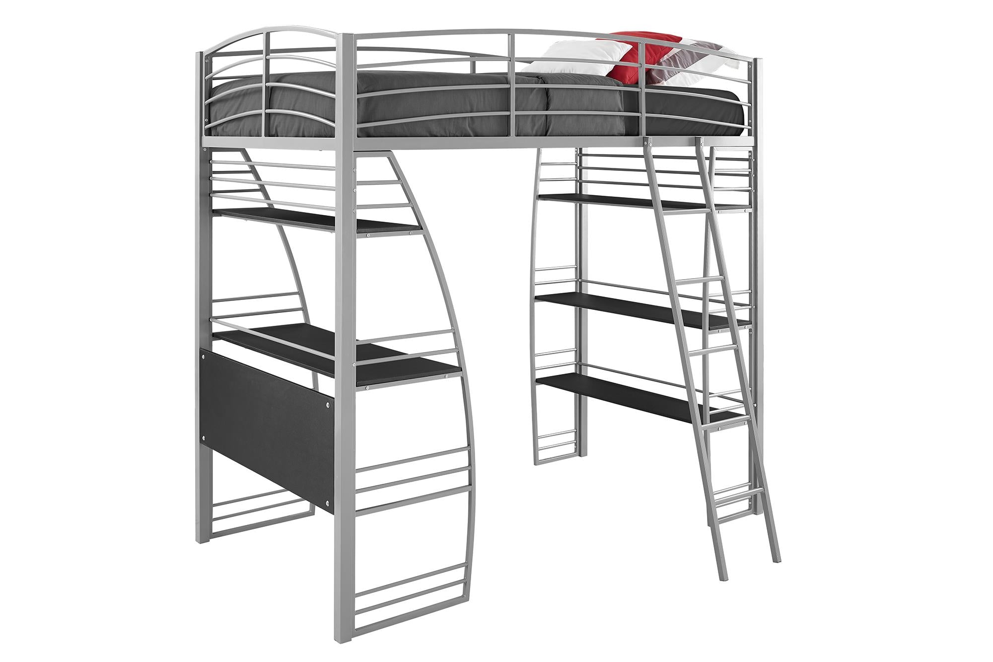 DHP Sage Studio Loft Bed with Desk and Shelves - Silver - Twin