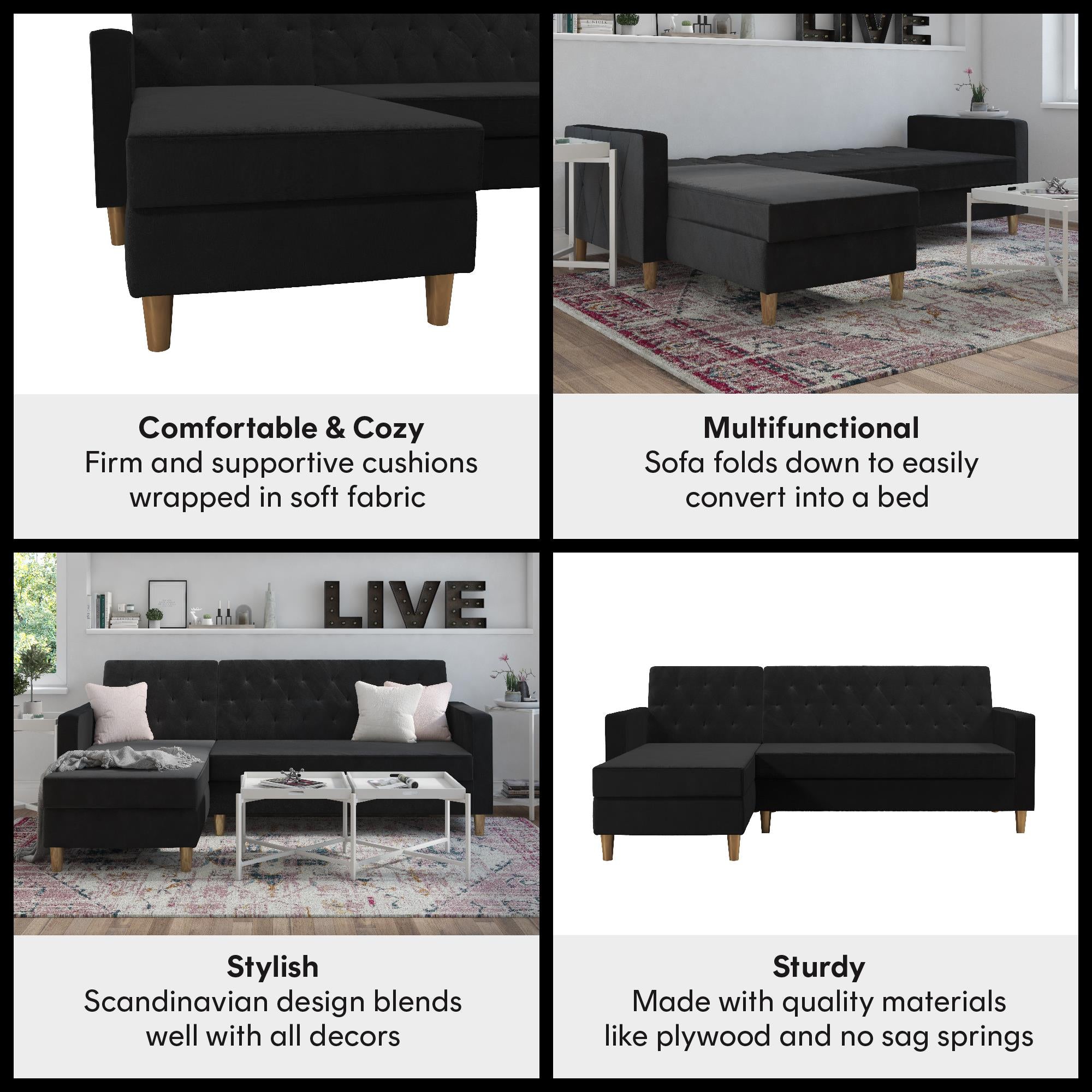 CosmoLiving Liberty Sectional Futon Sofa Bed with Storage - Black