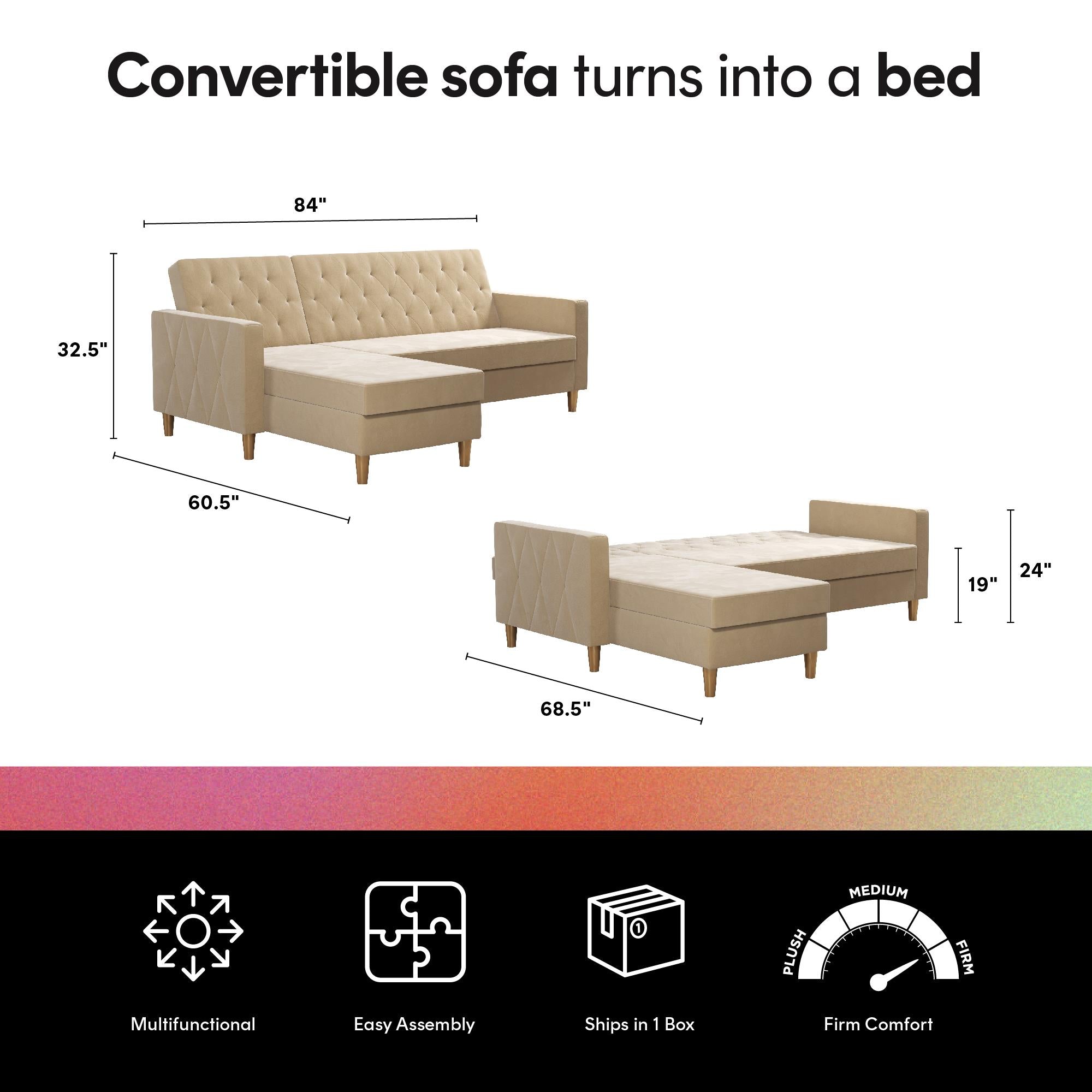 CosmoLiving Liberty Sectional Futon Sofa Bed with Storage - Ivory