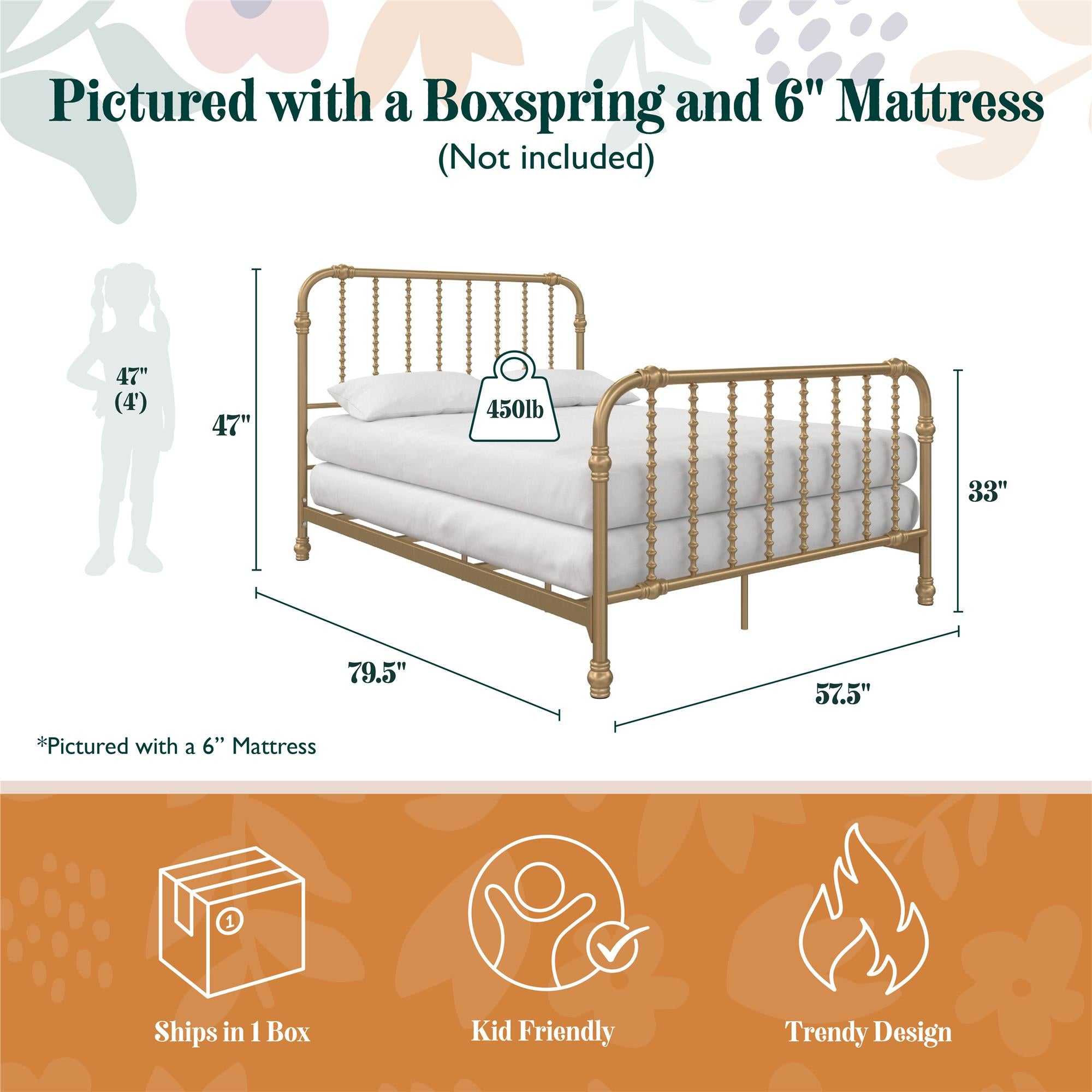 Max & Finn Wren Metal Bed - Gold - Full