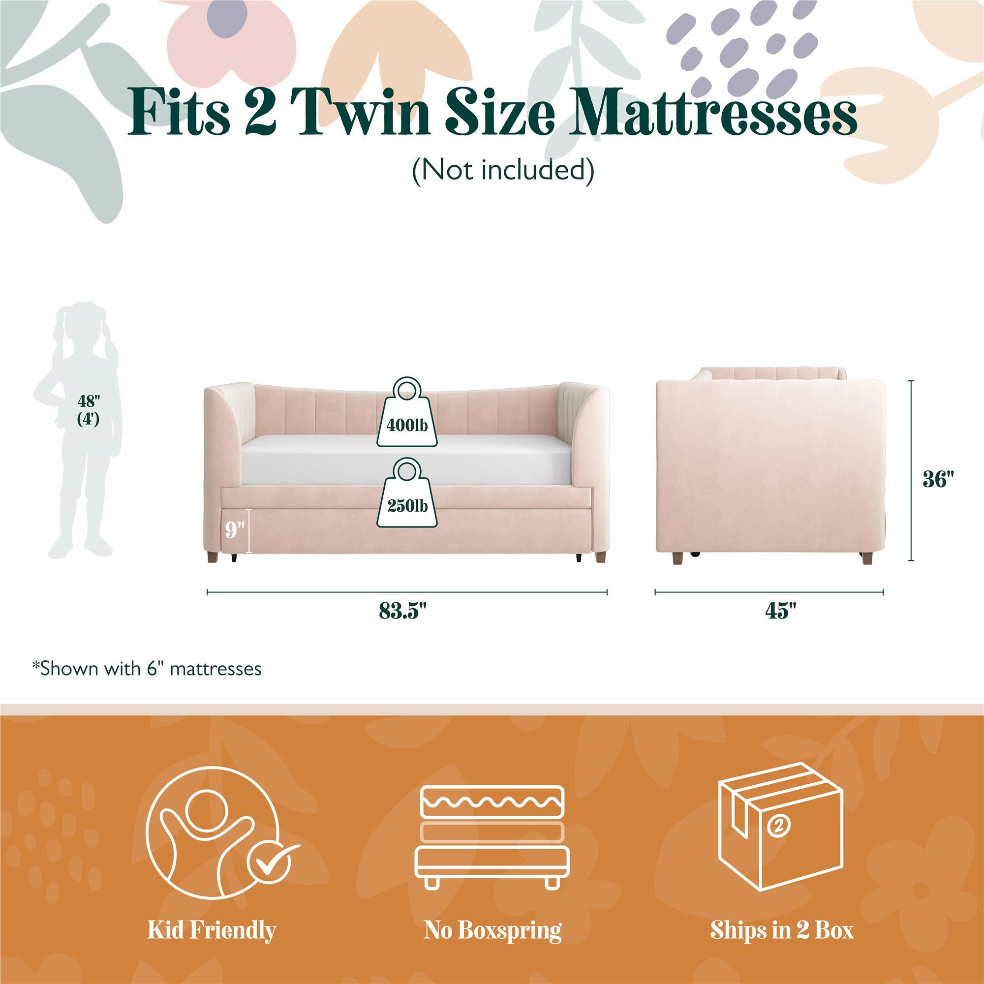 Max & Finn Valentina Upholstered Daybed and Trundle - Pink - Twin