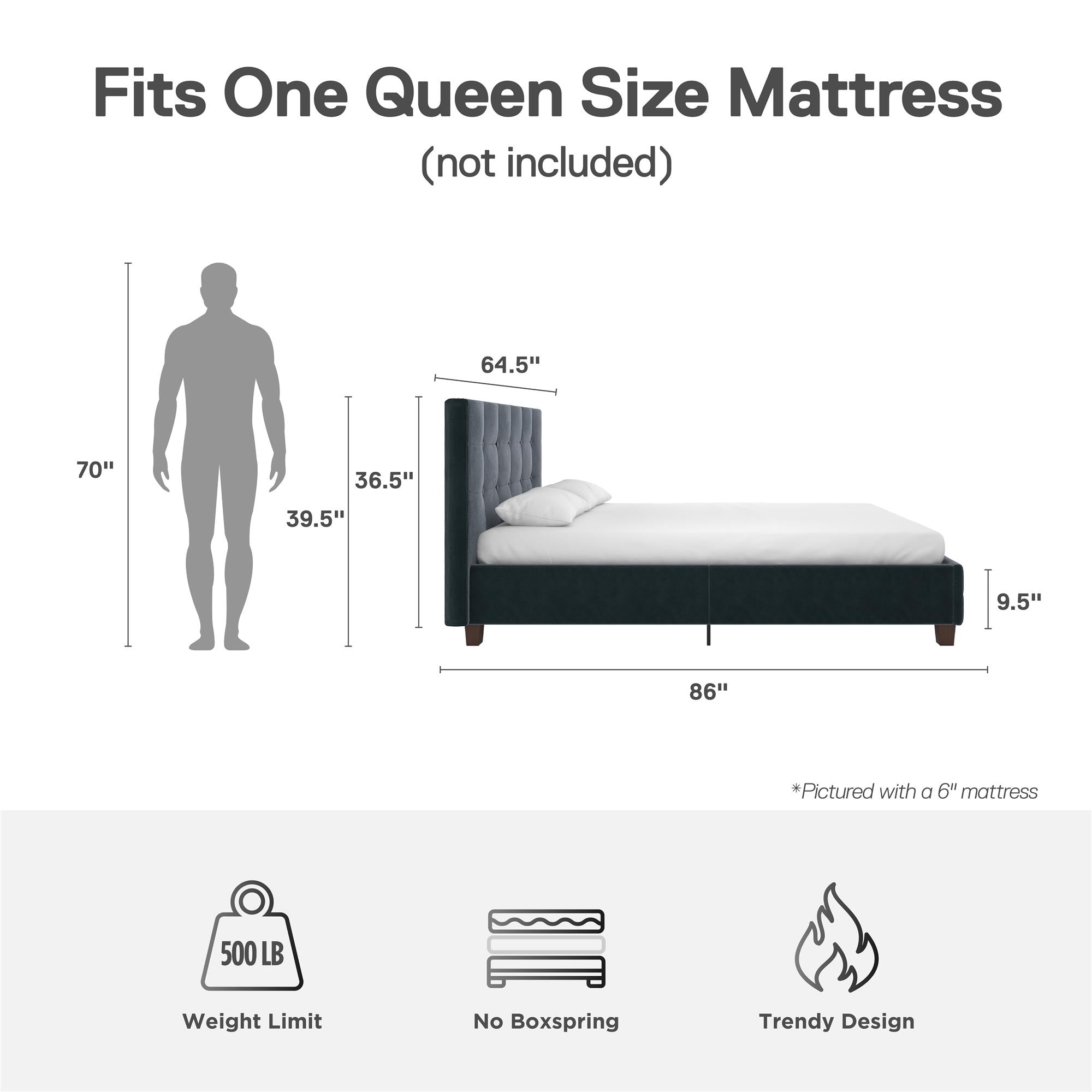 DHP Rose Upholstered Bed Frame - Blue Velvet - Queen