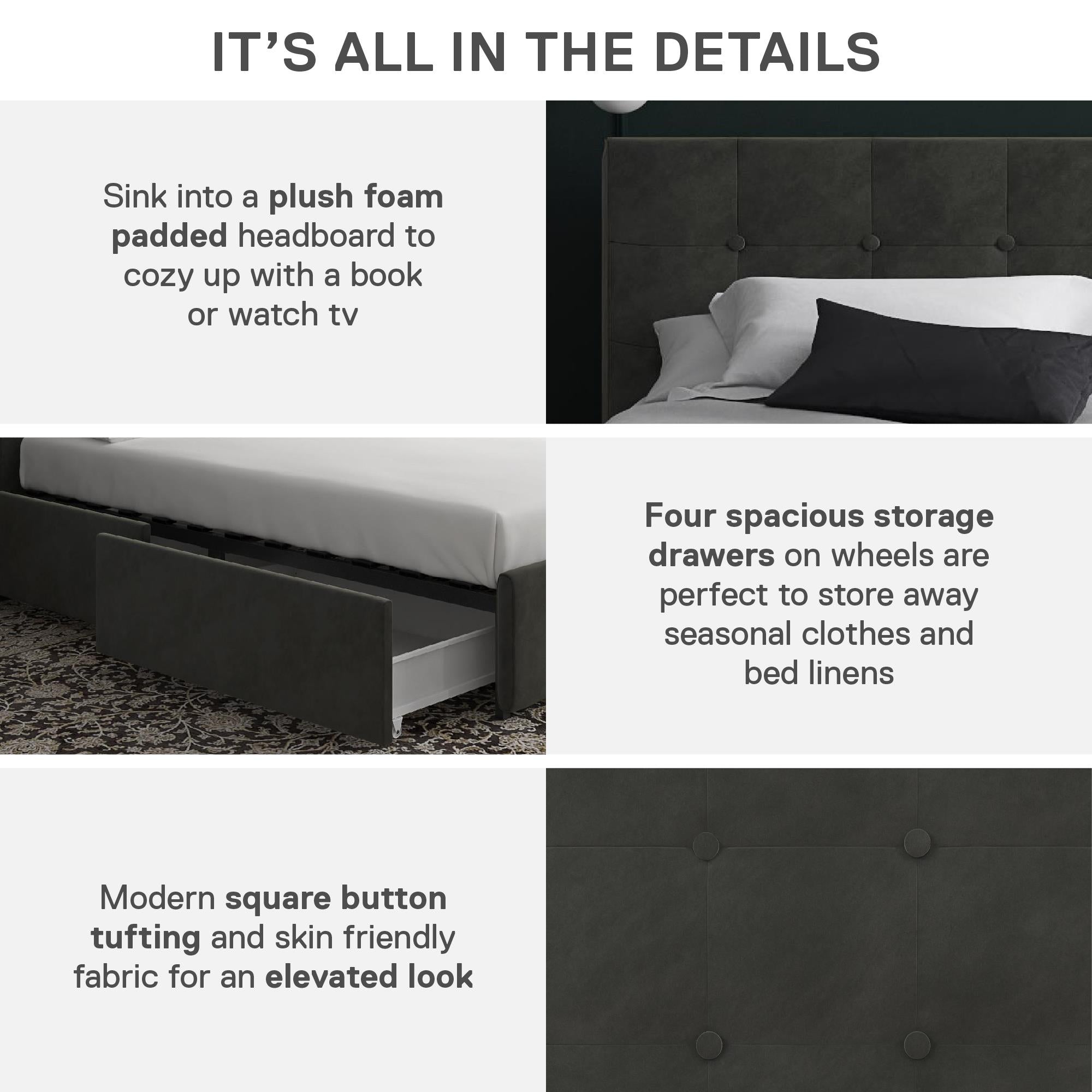 DHP Rose Upholstered Bed Frame with Storage - Grey Velvet - Queen