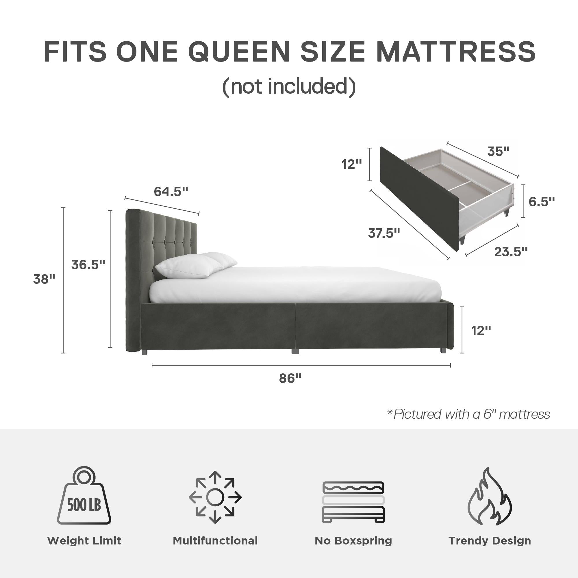 DHP Rose Upholstered Bed Frame with Storage - Grey Velvet - Queen