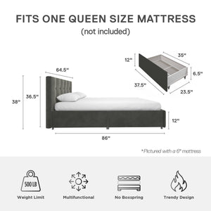 DHP Rose Upholstered Bed Frame with Storage - Grey Velvet - Queen