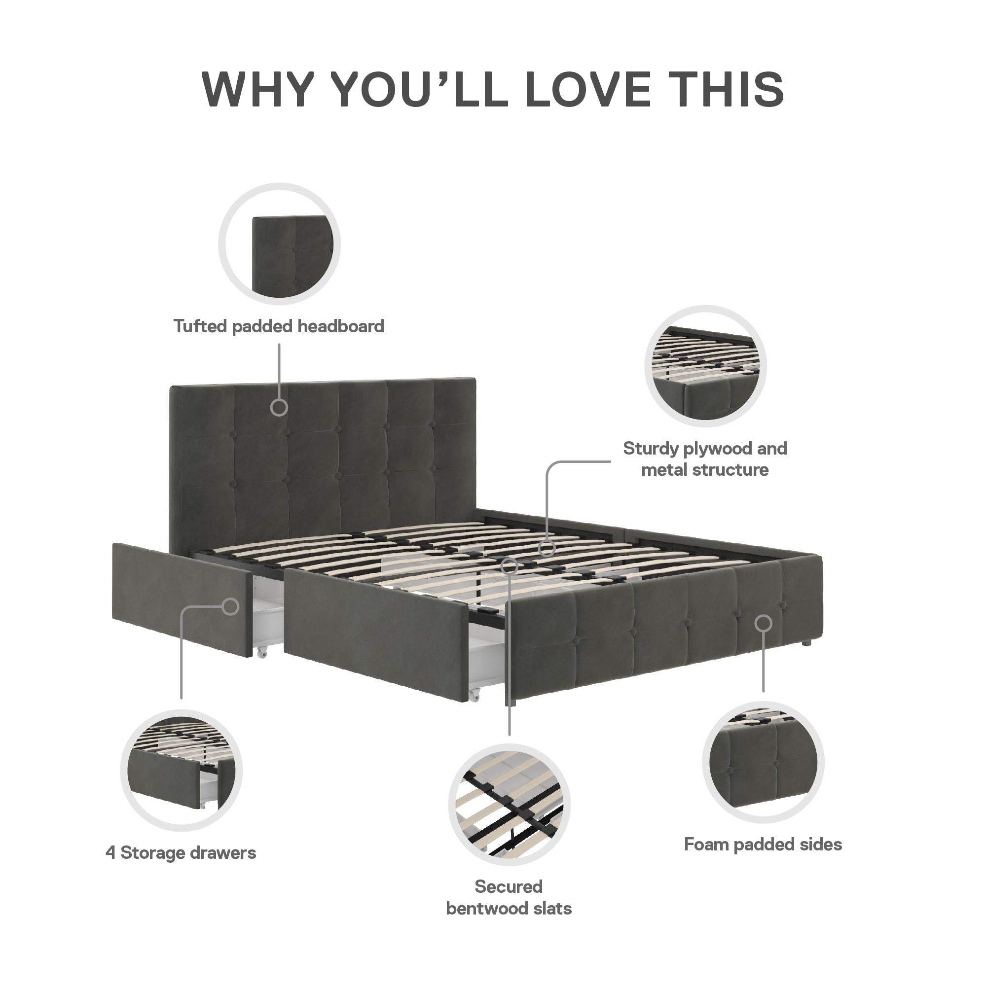 DHP Rose Upholstered Bed Frame with Storage - Grey Velvet - Queen